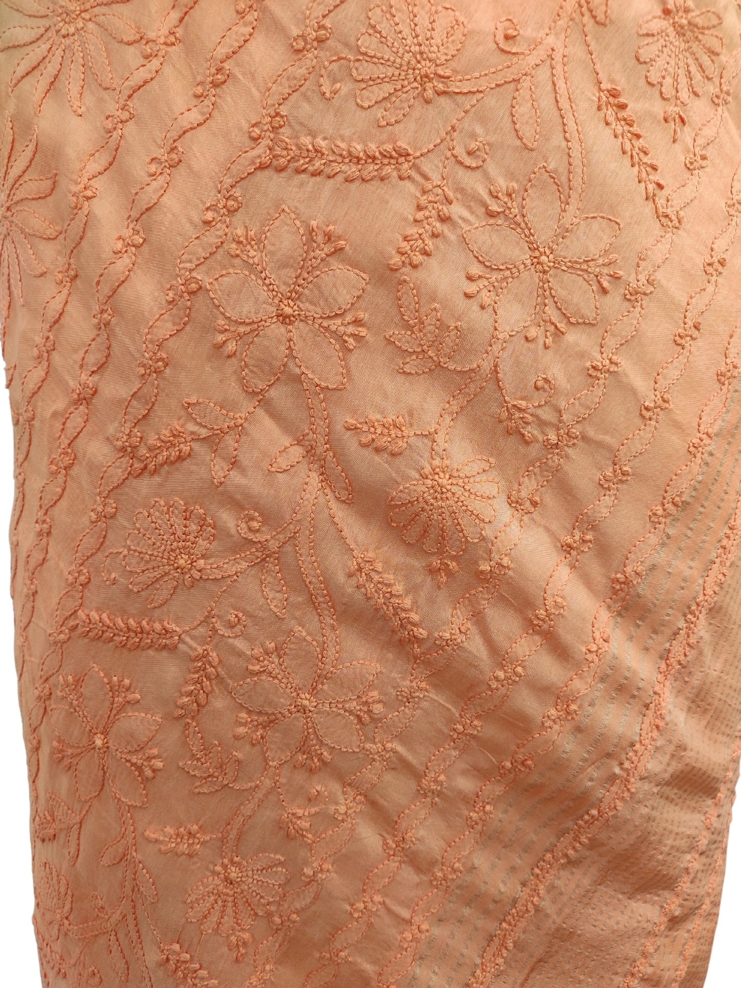 Shyamal Chikan Hand Embroidered Orange Pure Muslin Lucknowi Chikankari Saree With Blouse Piece- S20083