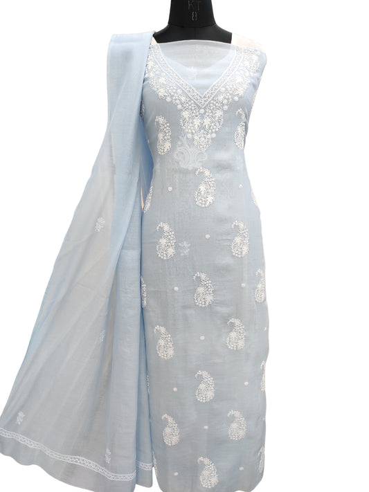 Shyamal Chikan Hand Embroidered Blue Mul Chanderi Lucknowi Chikankari Unstitched Suit Piece (Kurta Dupatta Set) - S22860