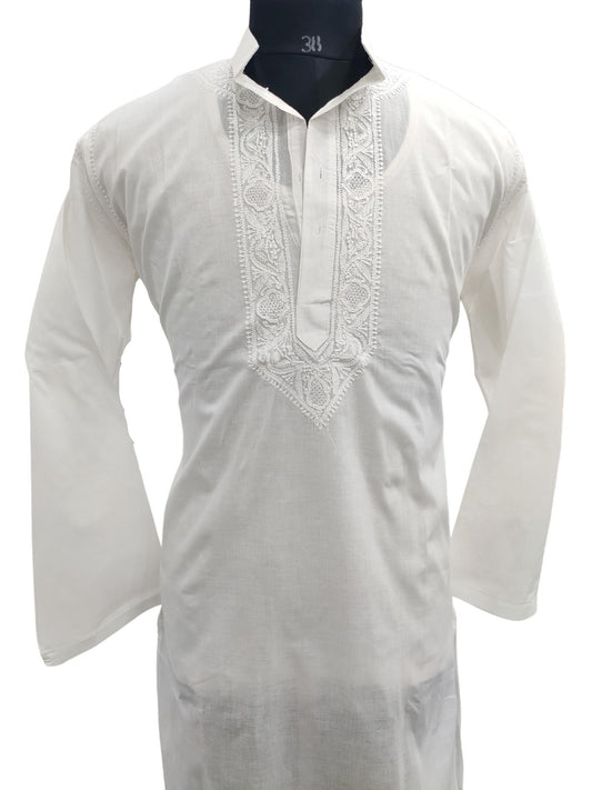 Shyamal Chikan Hand Embroidered White Cotton Lucknowi Chikankari Men's Kurta – S21276
