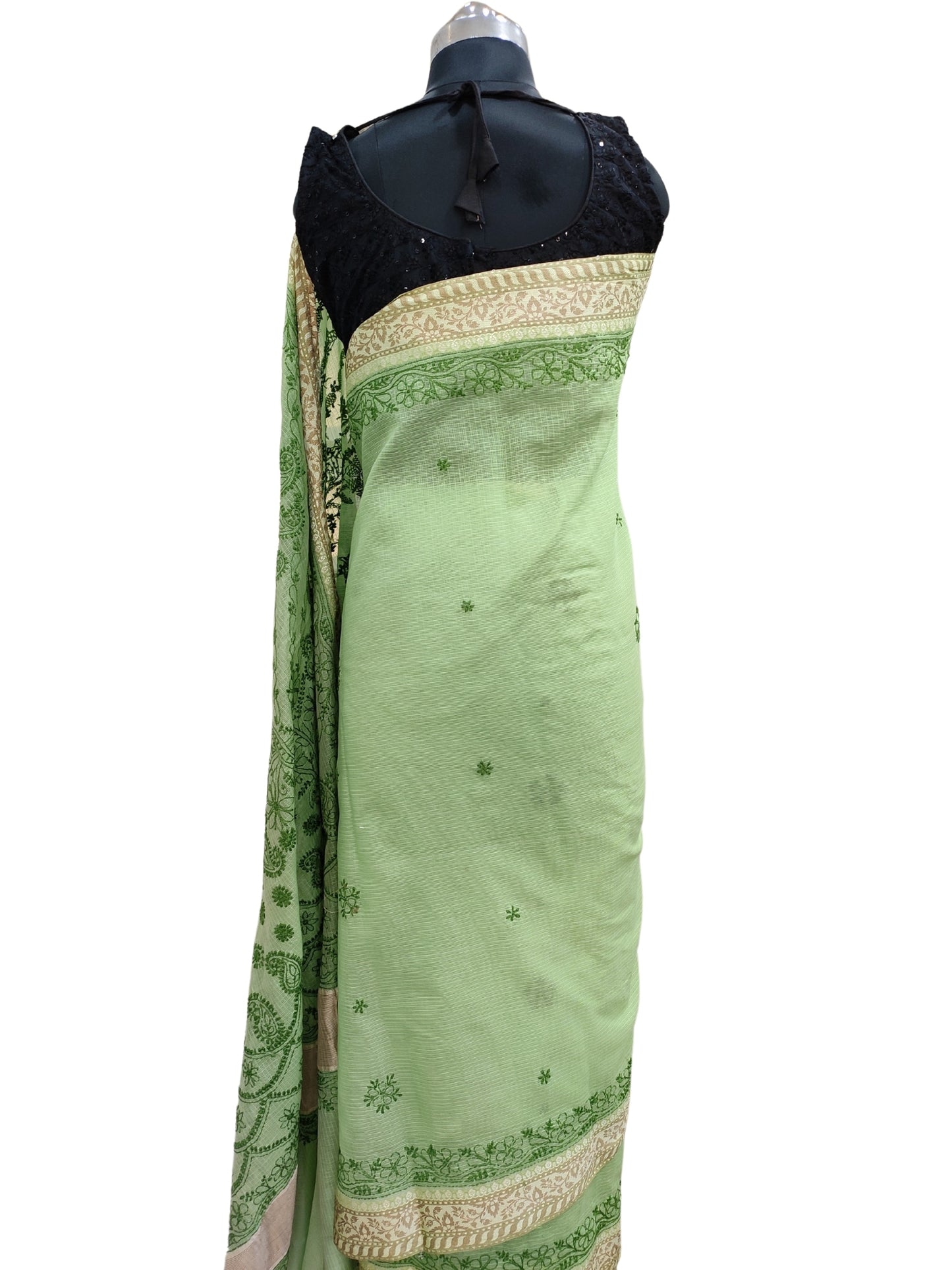 Shyamal Chikan Hand Embroidered Green Banarasi Cotton Lucknowi Chikankari Saree With Blouse Piece- S25702