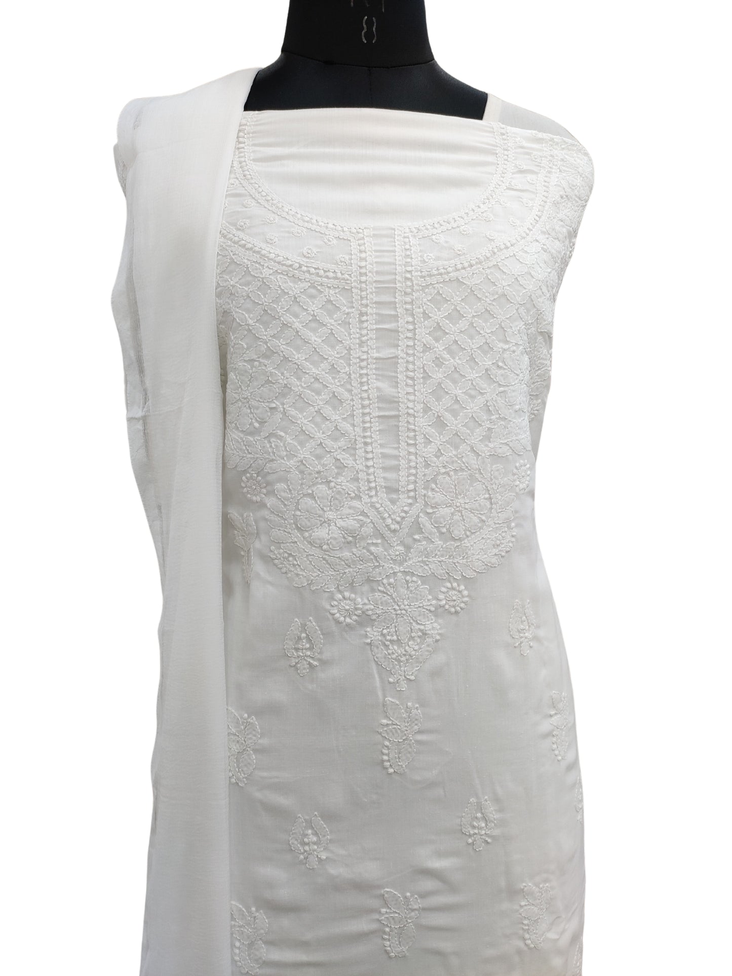 Shyamal Chikan Hand Embroidered White Cotton Lucknowi Chikankari Unstitched Suit Piece - S25411