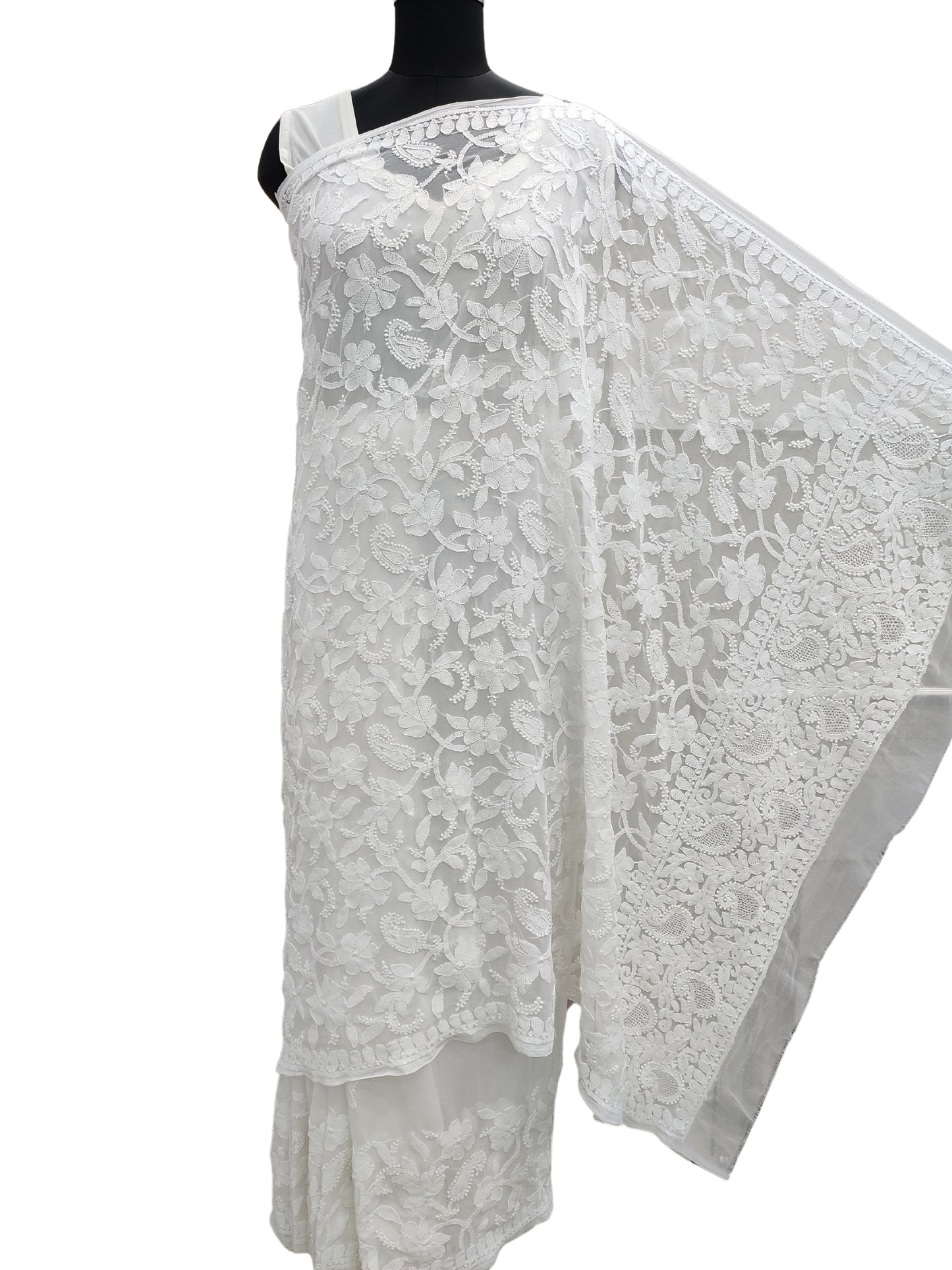 Shyamal Chikan Hand Embroidered White Georgette Lucknowi Chikankari Skirt Saree With Blouse Piece - S6522