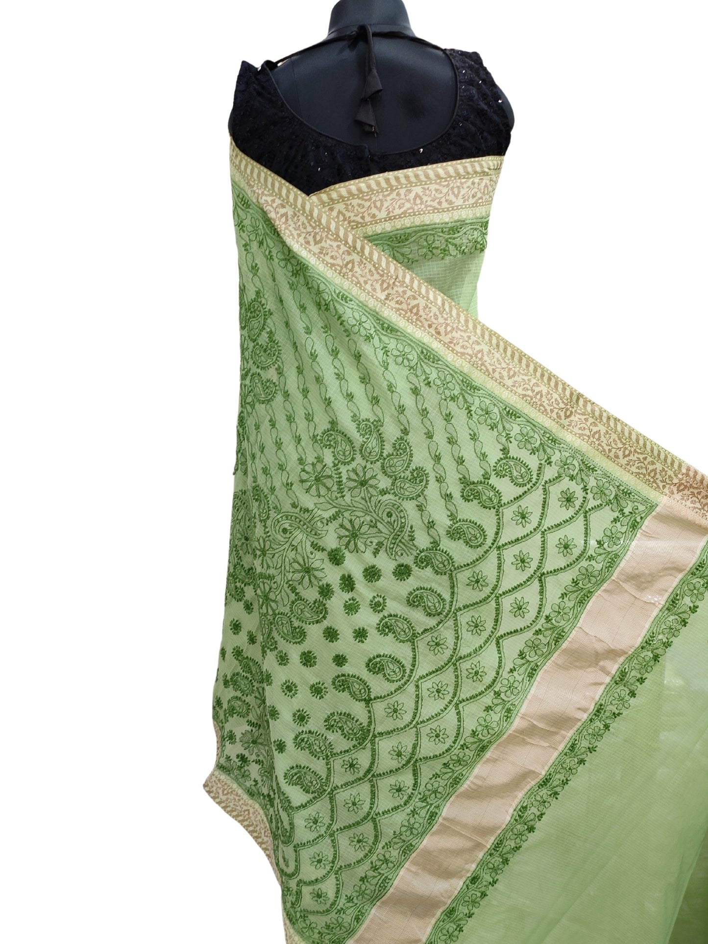 Shyamal Chikan Hand Embroidered Green Banarasi Cotton Lucknowi Chikankari Saree With Blouse Piece- S25702