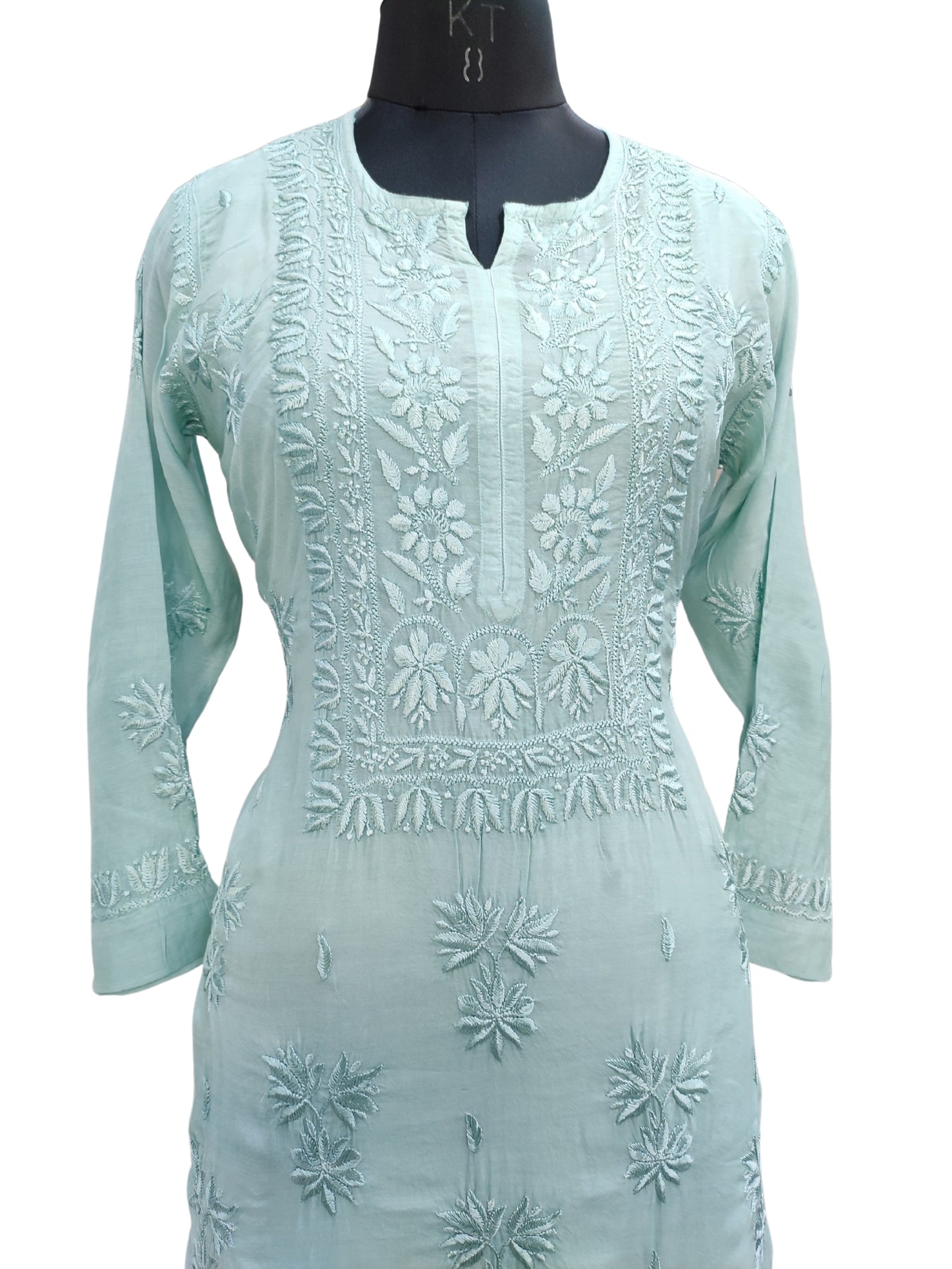 Shyamal Chikan Hand Embroidered Sea Green Muslin Lucknowi Chikankari Kurti - S25936