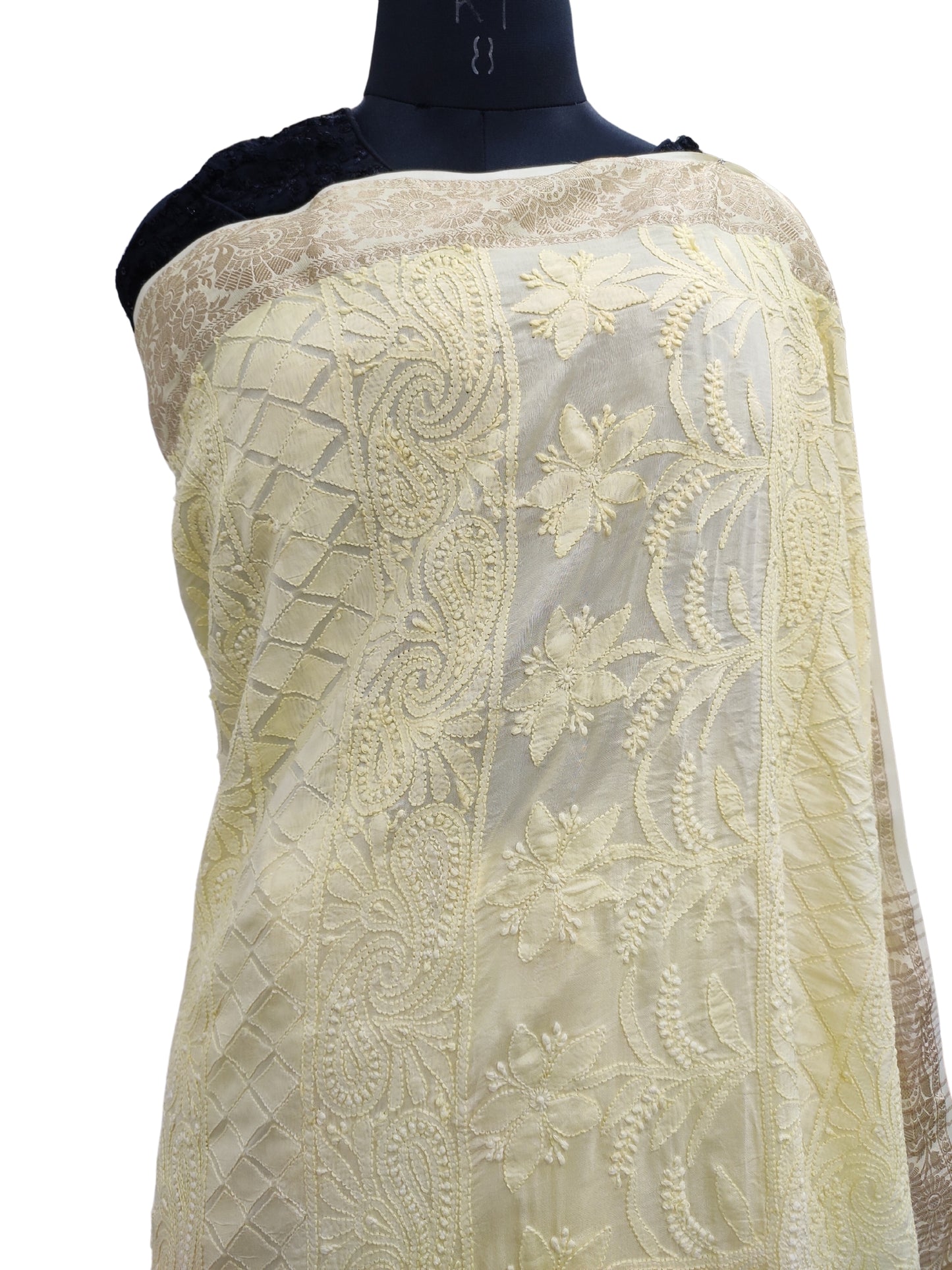 Shyamal Chikan Hand Embroidered Lemon Pure Muslin Lucknowi Chikankari Saree With Blouse Piece- S19840