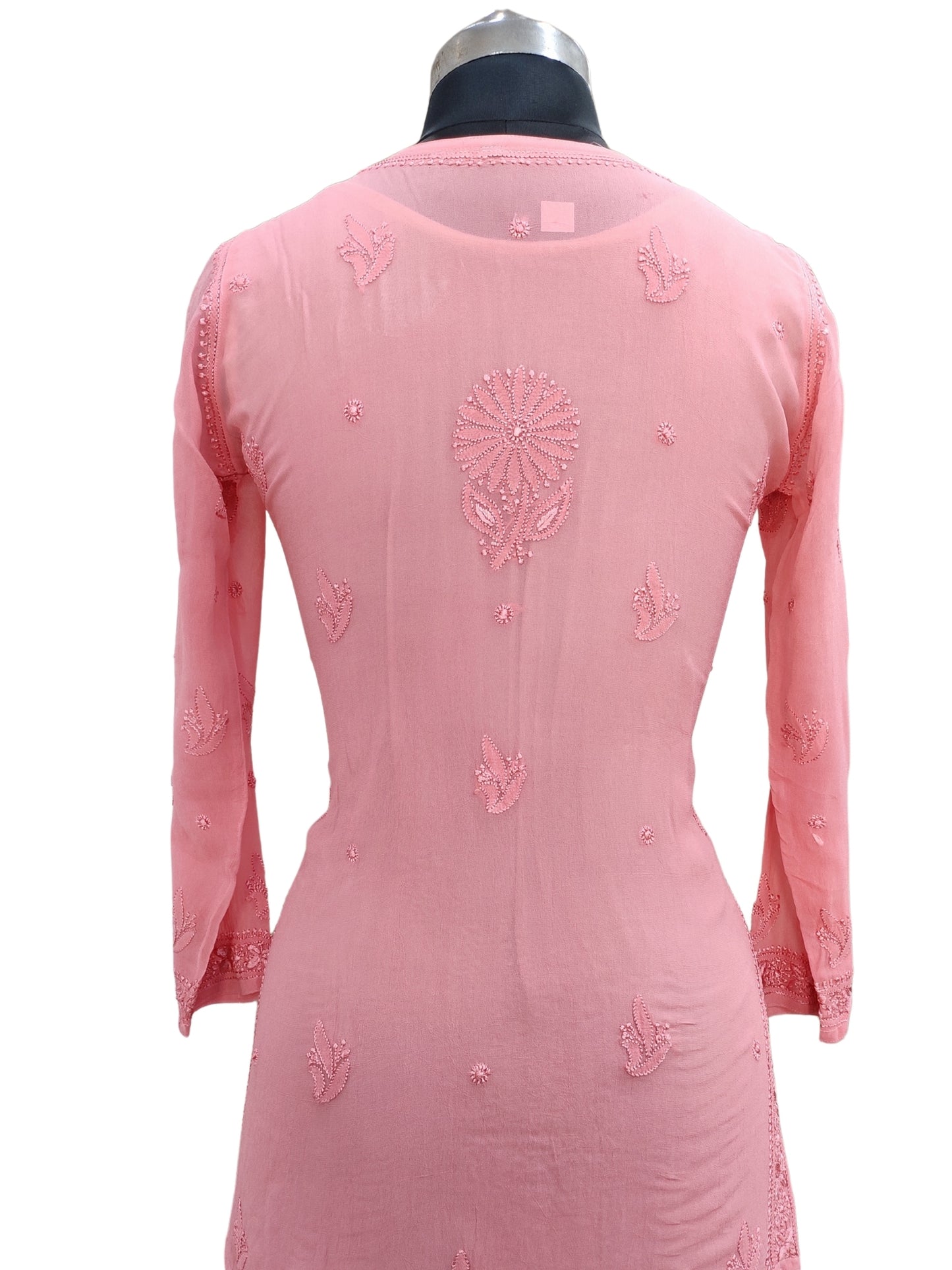 Shyamal Chikan Hand Embroidered Peach Viscose Georgette Lucknowi Chikankari Short Top - S25757