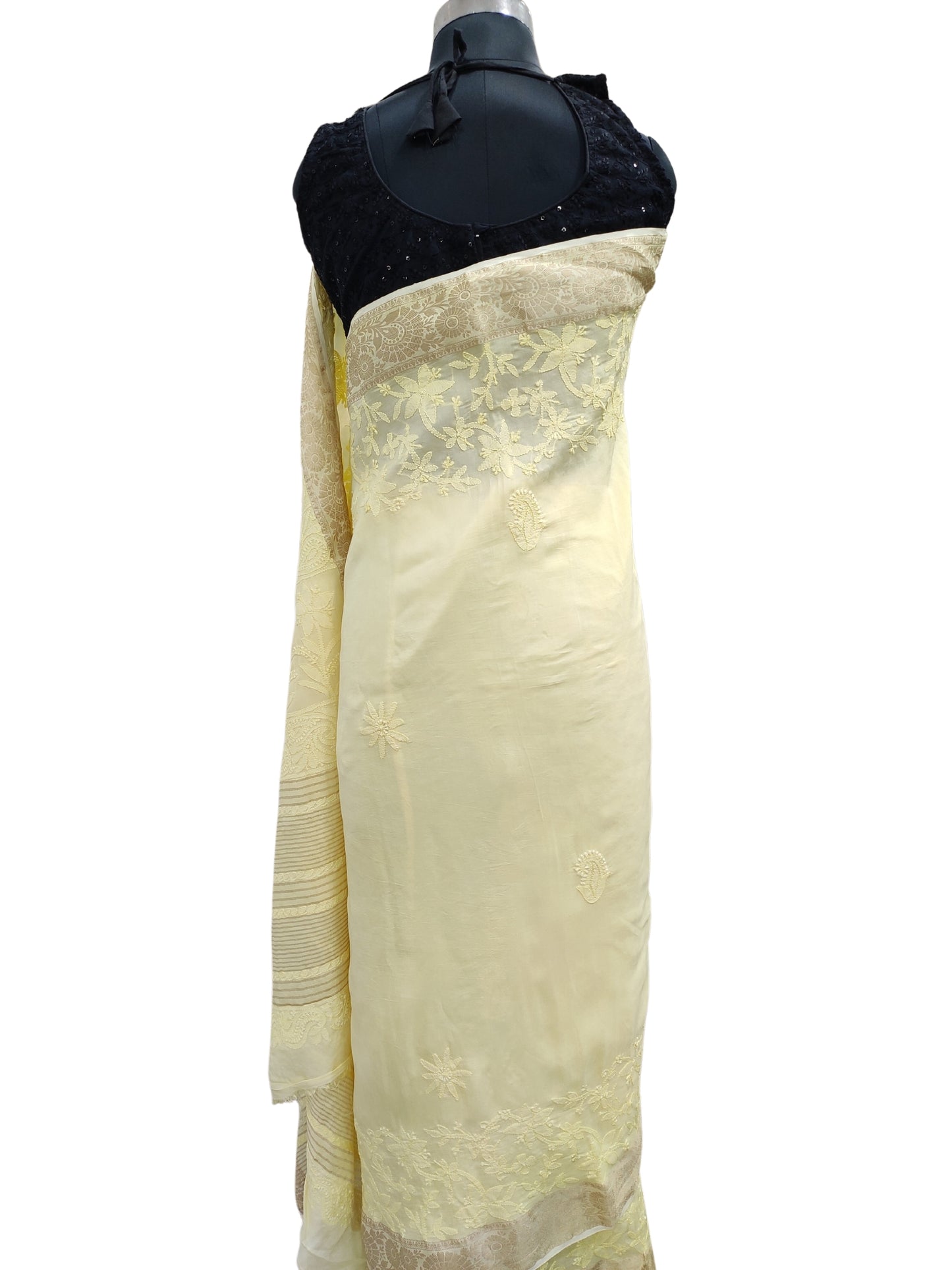 Shyamal Chikan Hand Embroidered Lemon Pure Muslin Lucknowi Chikankari Saree With Blouse Piece- S19840