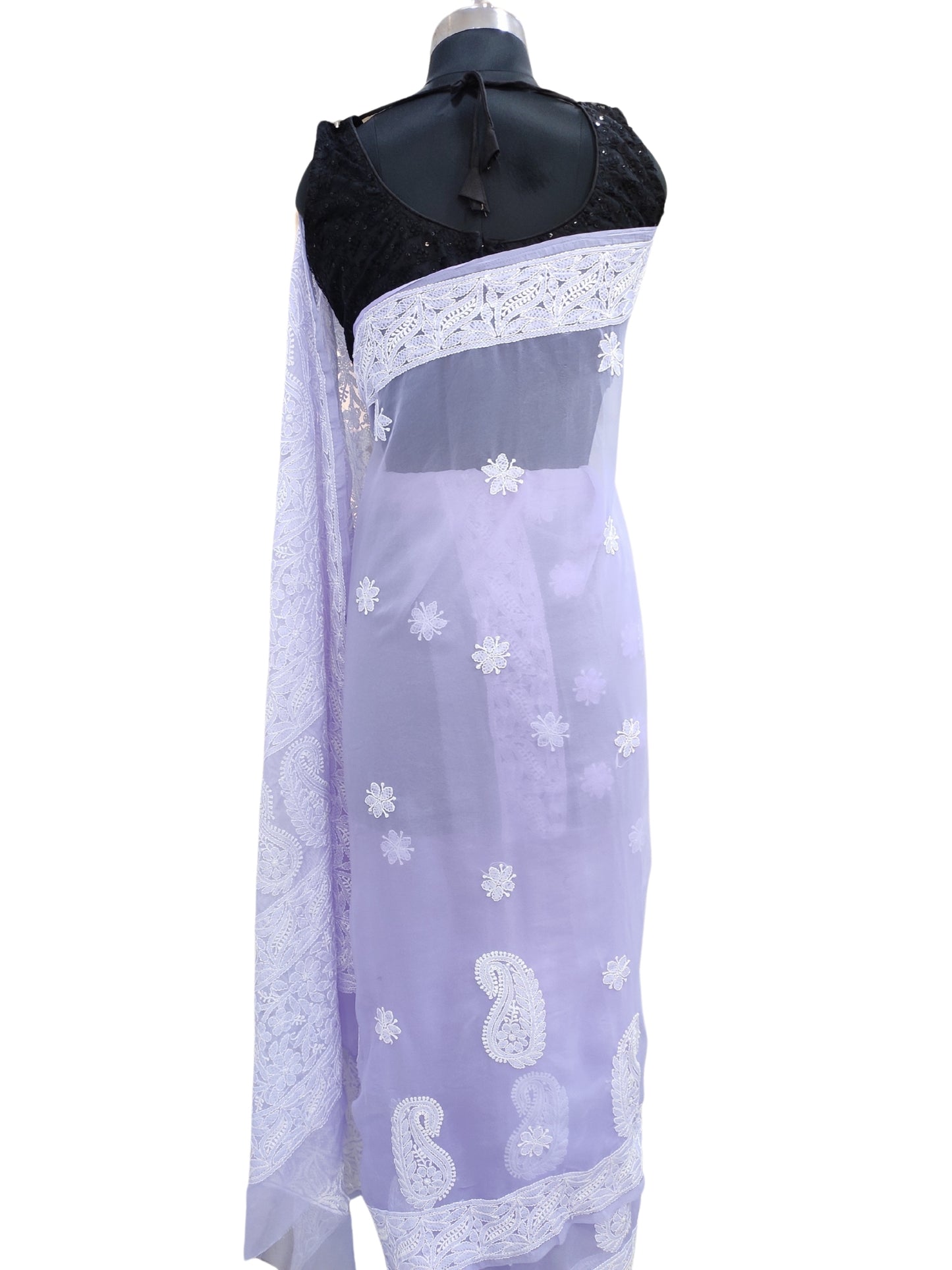 Shyamal Chikan Hand Embroidered Lavender Georgette Lucknowi Chikankari Skirt Saree With Blouse Piece - S26485