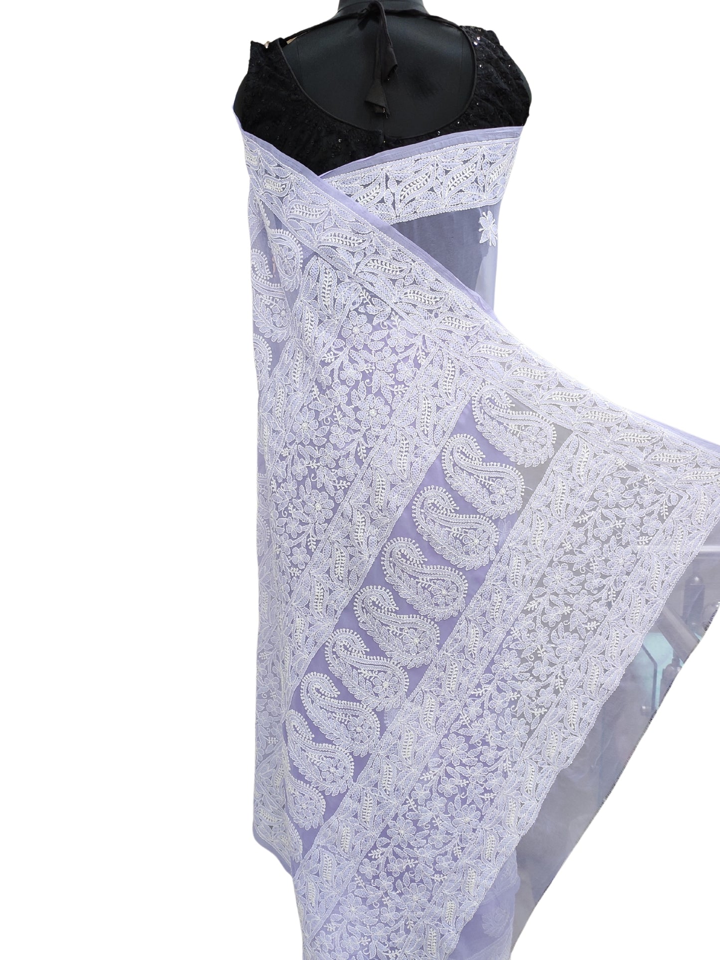 Shyamal Chikan Hand Embroidered Lavender Georgette Lucknowi Chikankari Skirt Saree With Blouse Piece - S26485