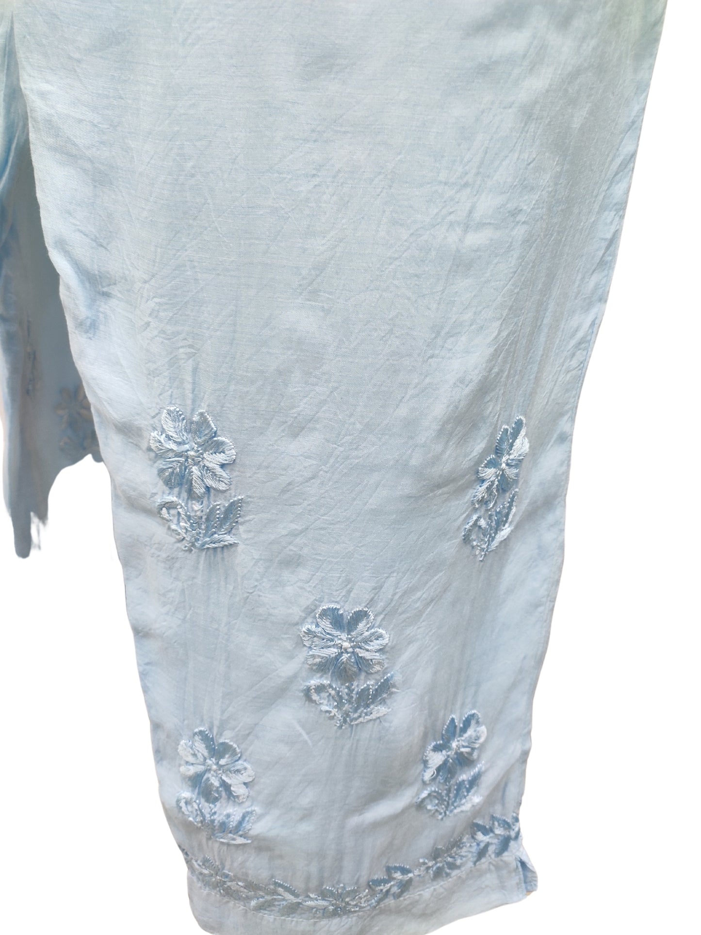 Shyamal Chikan Hand Embroidered Blue Muslin Lucknowi Chikankari Kurta and Bottom Set - S26238