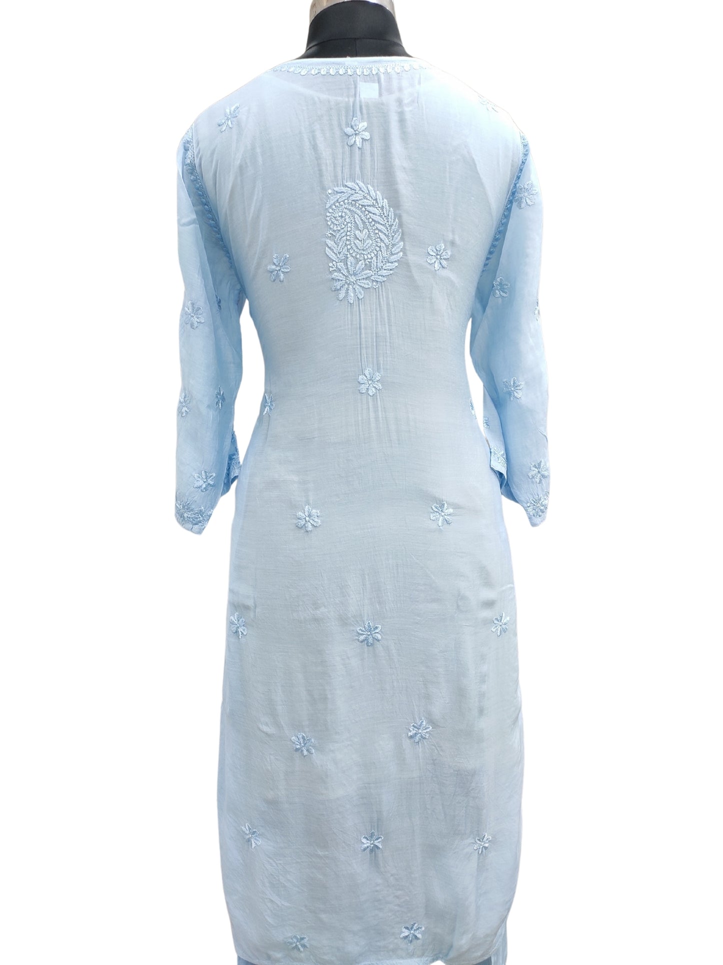 Shyamal Chikan Hand Embroidered Blue Muslin Lucknowi Chikankari Kurta and Bottom Set - S26238