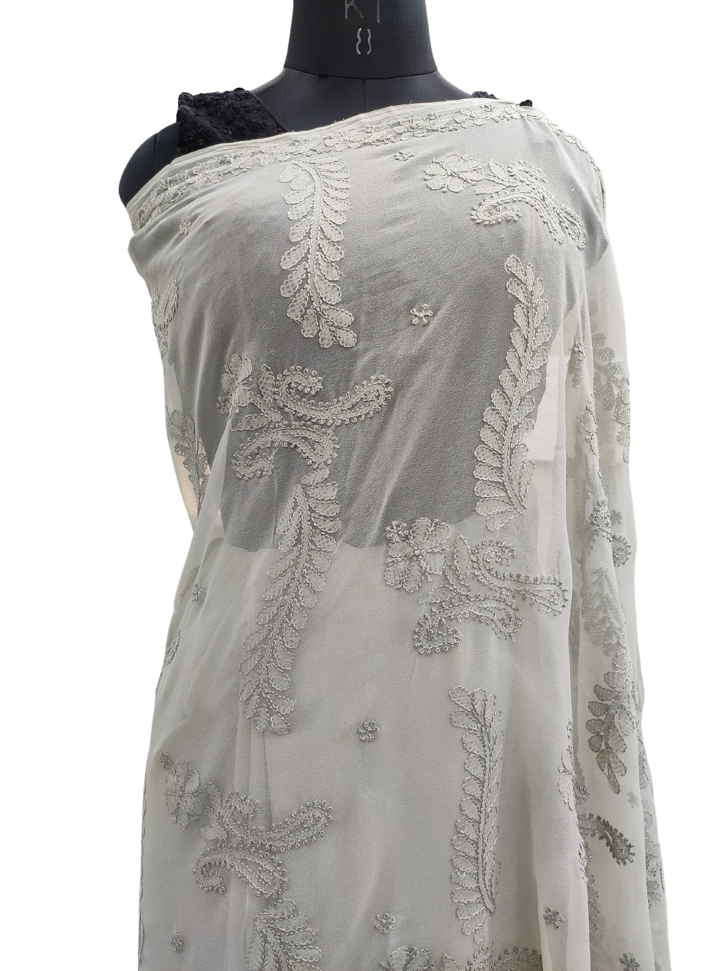 Shyamal Chikan Hand Embroidered Greenish Grey Georgette Lucknowi Chikankari Saree With Blouse Piece - S20254