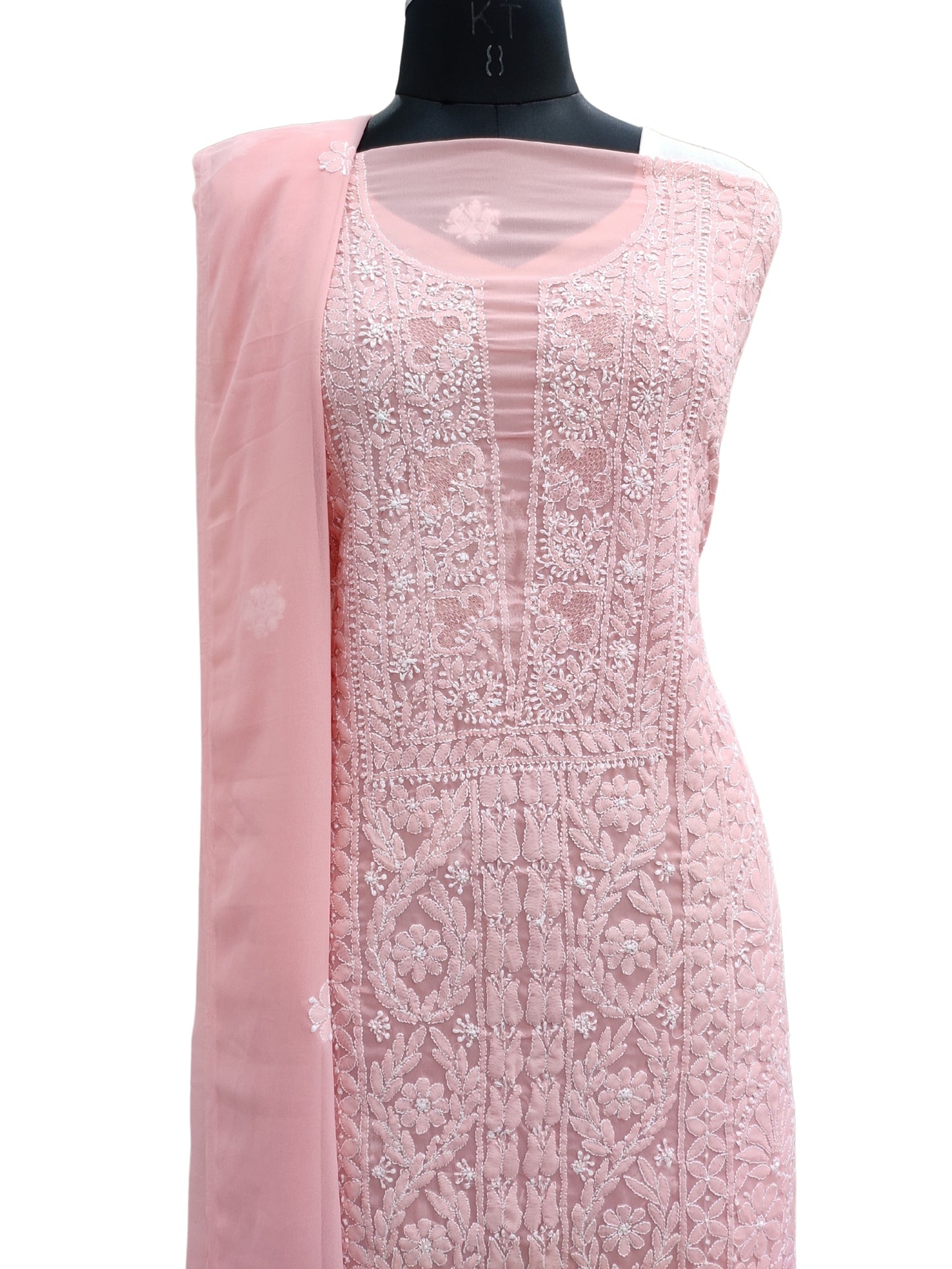 Shyamal Chikan Hand Embroidered Peach Georgette Lucknowi Chikankari Unstitched Suit Piece - S25580
