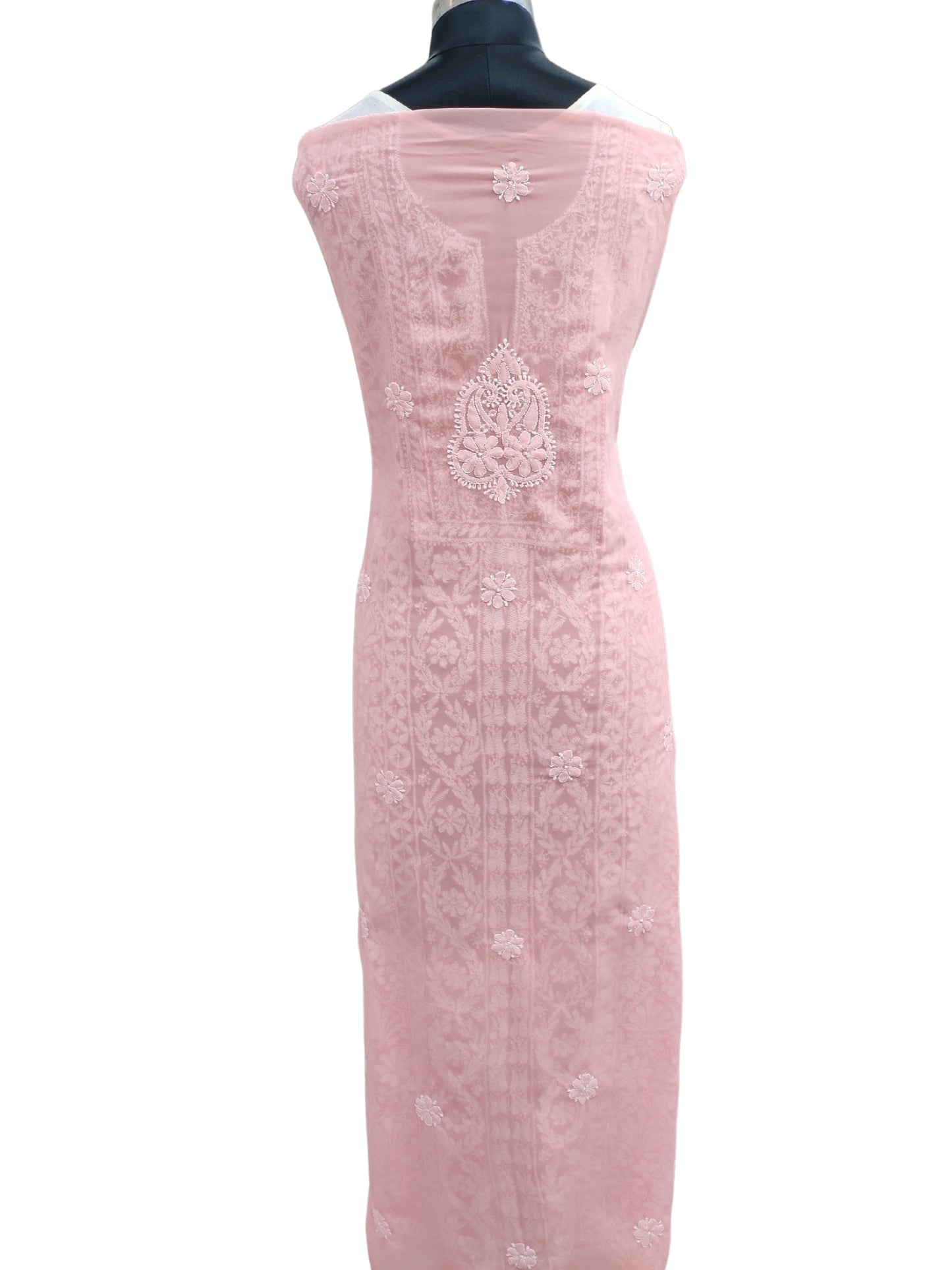 Shyamal Chikan Hand Embroidered Peach Georgette Lucknowi Chikankari Unstitched Suit Piece - S25580