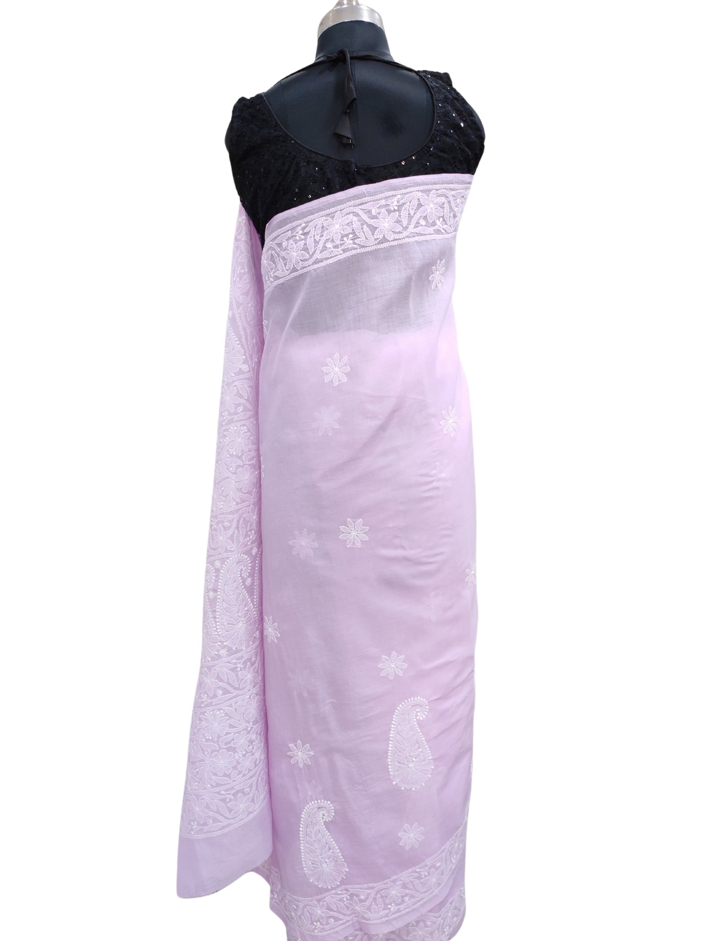 Shyamal Chikan Hand Embroidered Lavender Cotton Lucknowi Chikankari Heavy Palla Saree With Blouse Piece- S25571