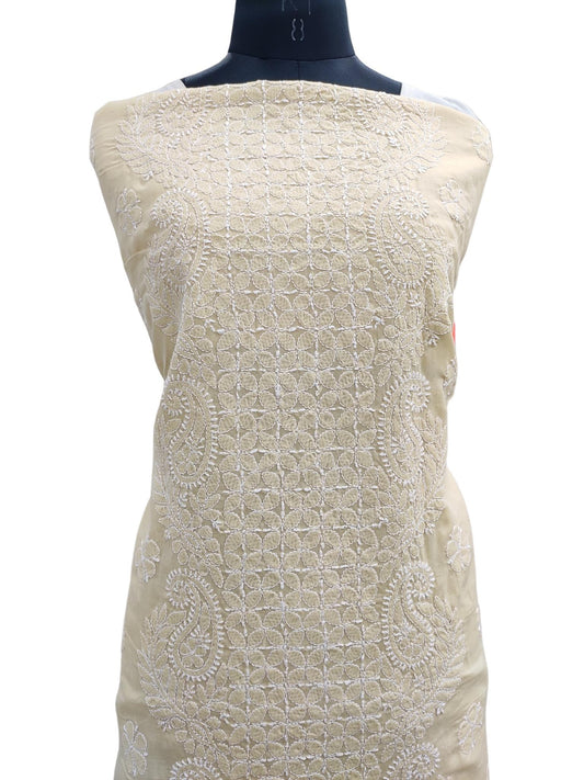 Shyamal Chikan Hand Embroidered Beige Cotton Lucknowi Chikankari Unstitched Kurta Piece - S18248