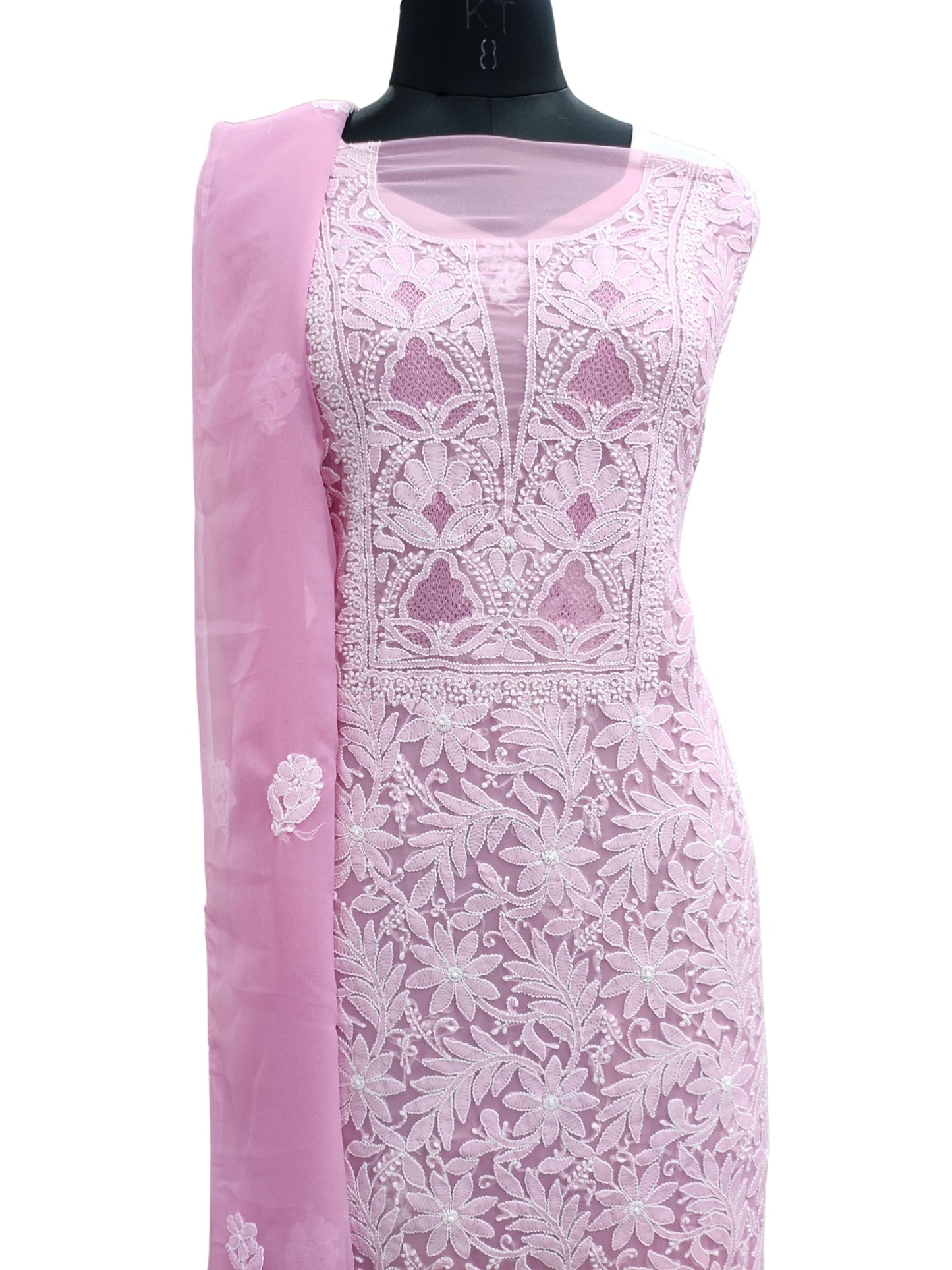 Shyamal Chikan Hand Embroidered Pink Georgette Lucknowi Chikankari Unstitched Suit Piece - S25696