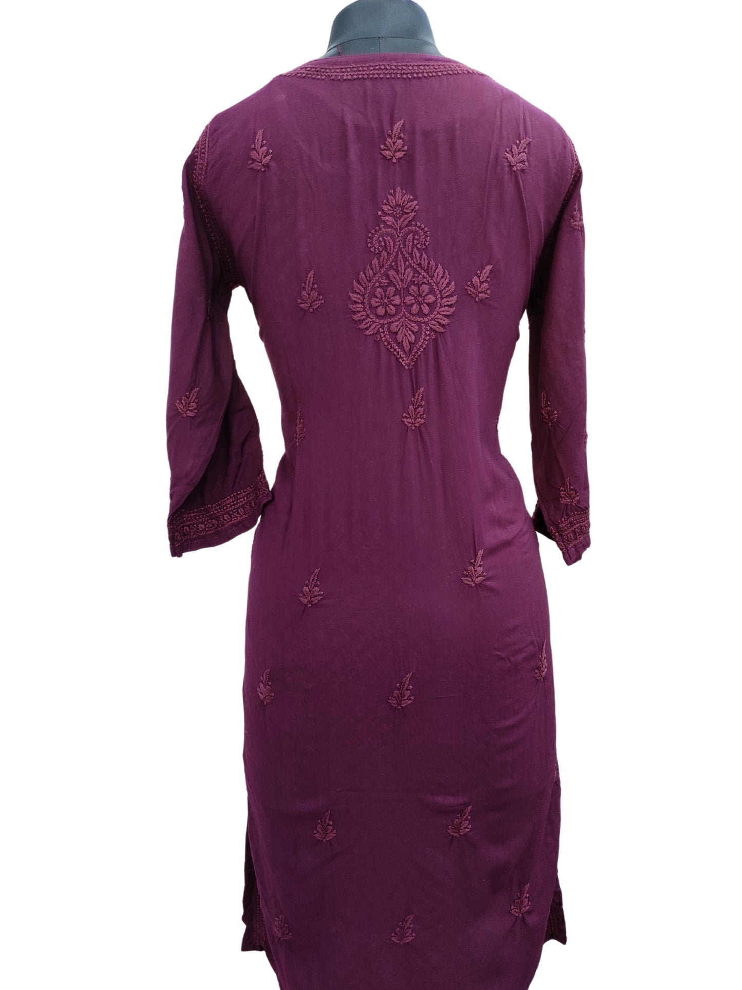 Shyamal Chikan Hand Embroidered Wine Rayon Cotton Lucknowi Chikankari Kurti - S26579