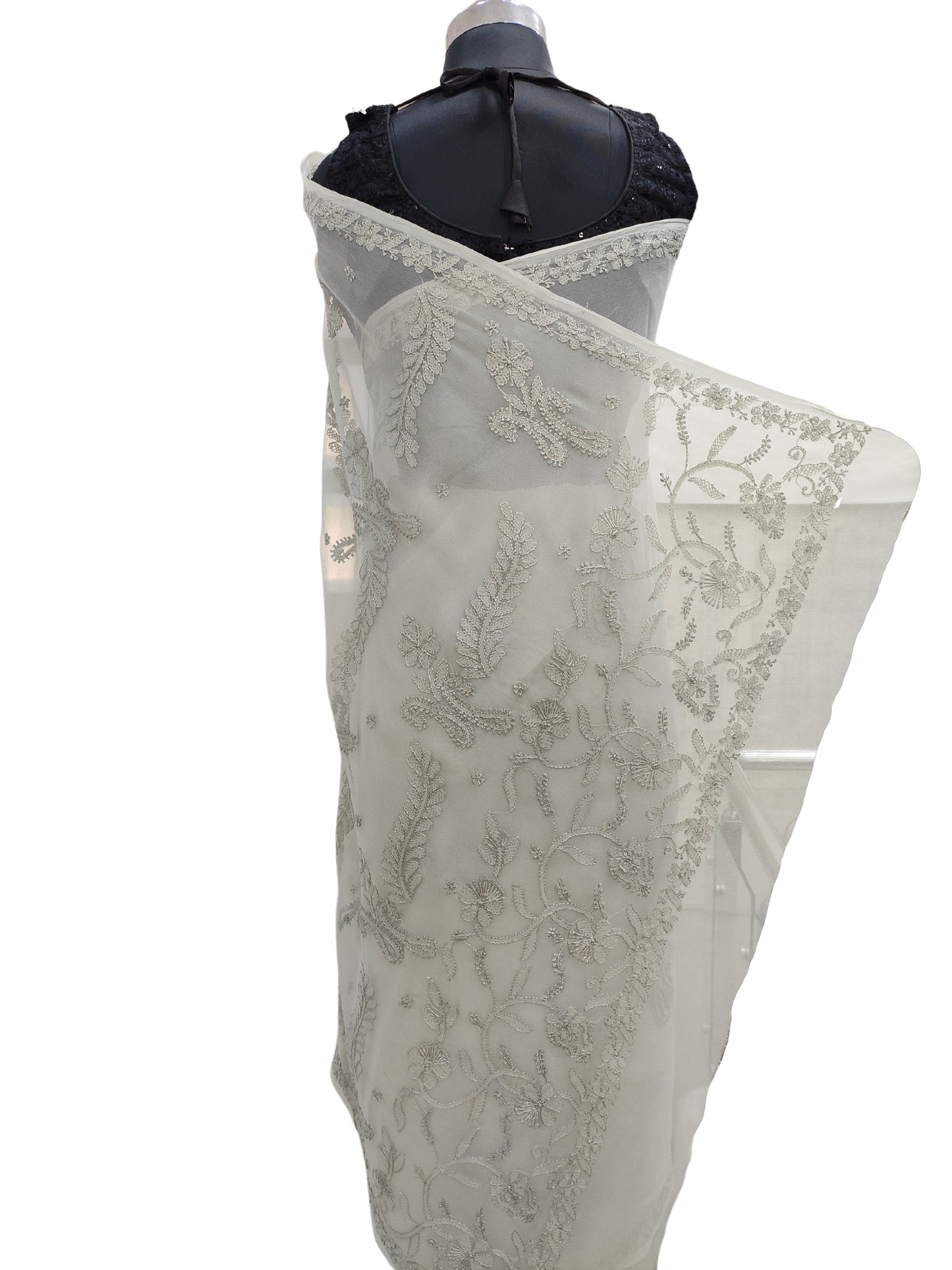 Shyamal Chikan Hand Embroidered Greenish Grey Georgette Lucknowi Chikankari Saree With Blouse Piece - S20254