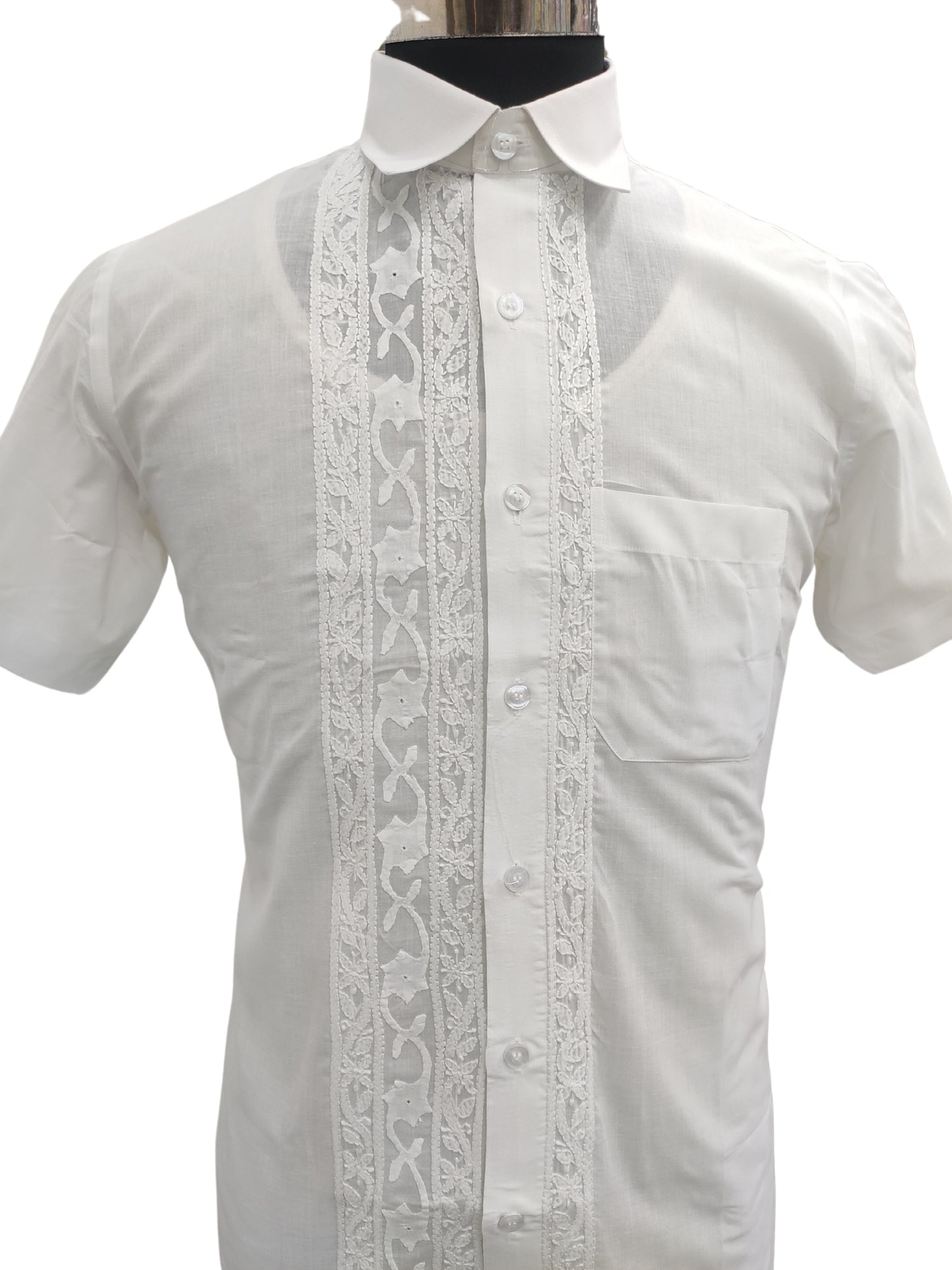 Shyamal Chikan Hand Embroidered White Cotton Lucknowi Chikankari Men's Shirt With Daraz Work – S26831