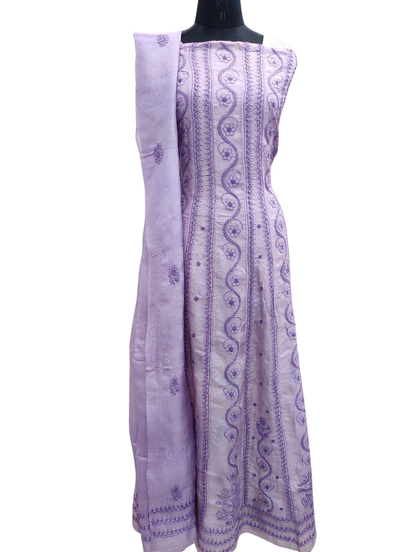 Shyamal Chikan Hand Embroidered Lavender Pure Tusser Silk Lucknowi Chikankari Semi-Stitched Anarkali - S22012