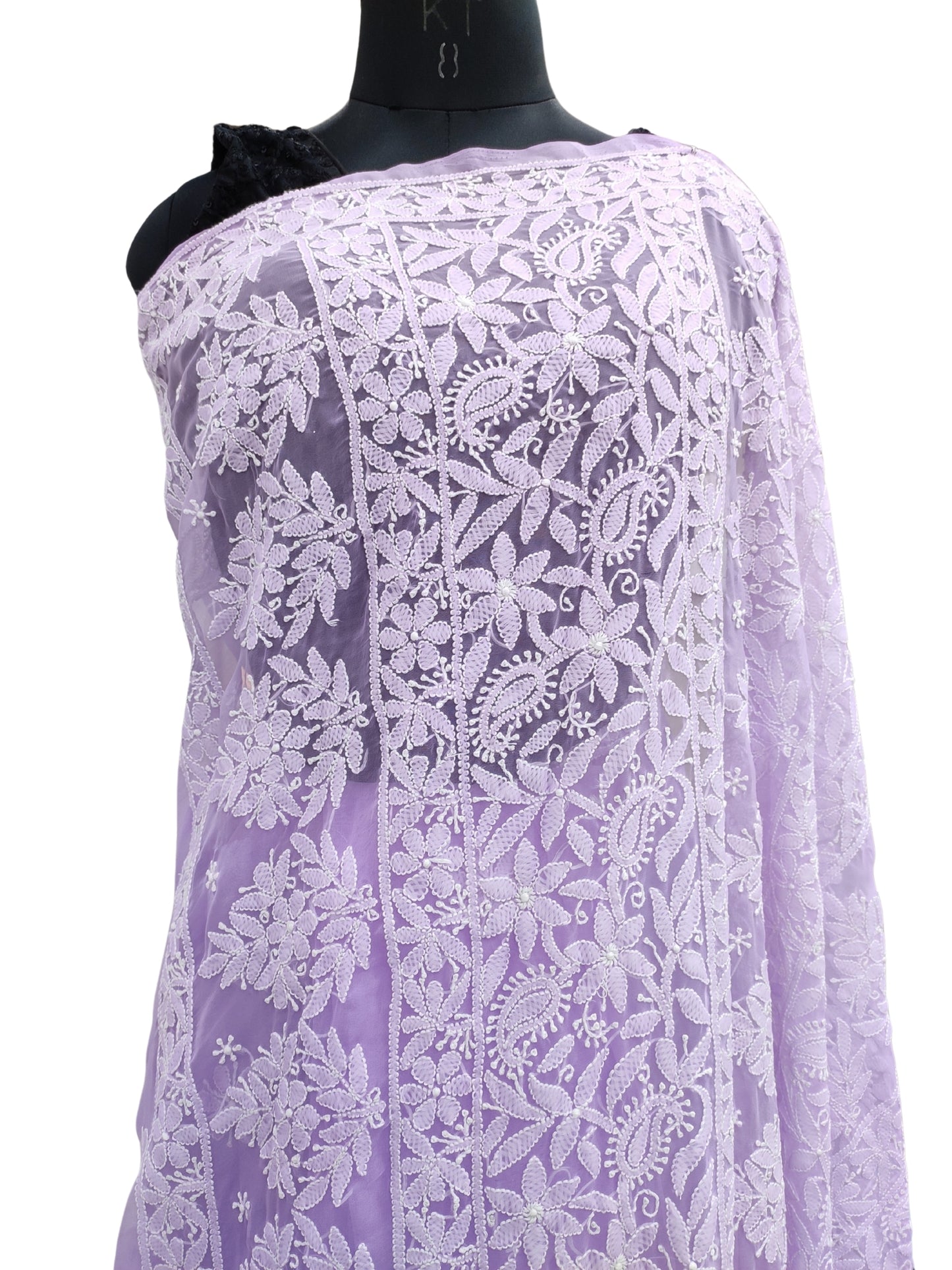 Shyamal Chikan Hand Embroidered Lavender Georgette Lucknowi Chikankari Skirt Saree With Blouse Piece - S26484