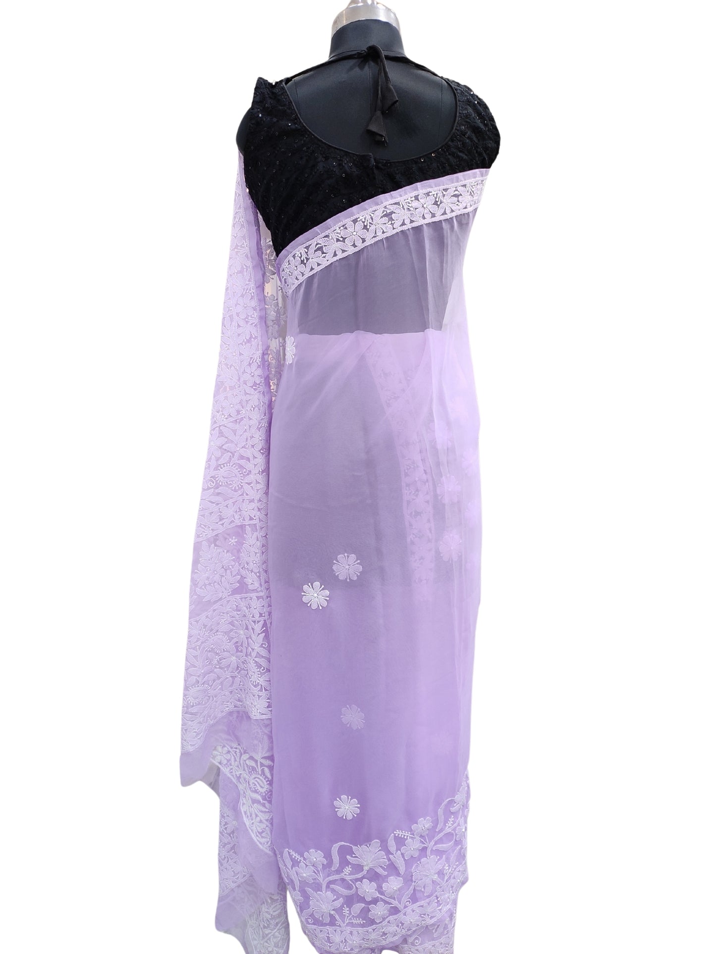 Shyamal Chikan Hand Embroidered Lavender Georgette Lucknowi Chikankari Skirt Saree With Blouse Piece - S26484