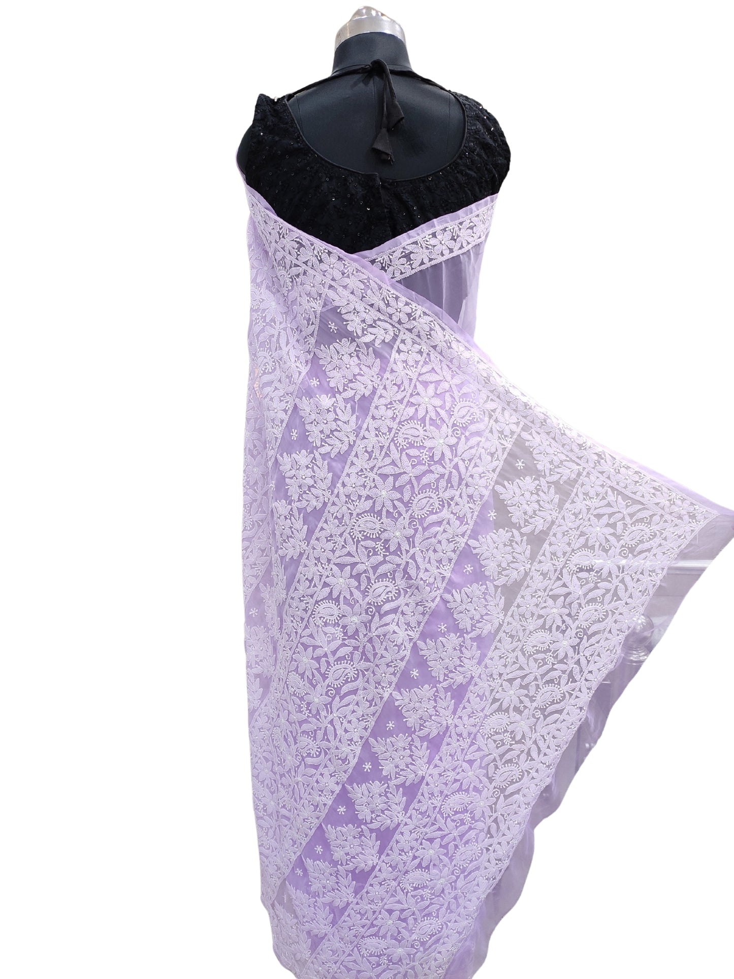Shyamal Chikan Hand Embroidered Lavender Georgette Lucknowi Chikankari Skirt Saree With Blouse Piece - S26484