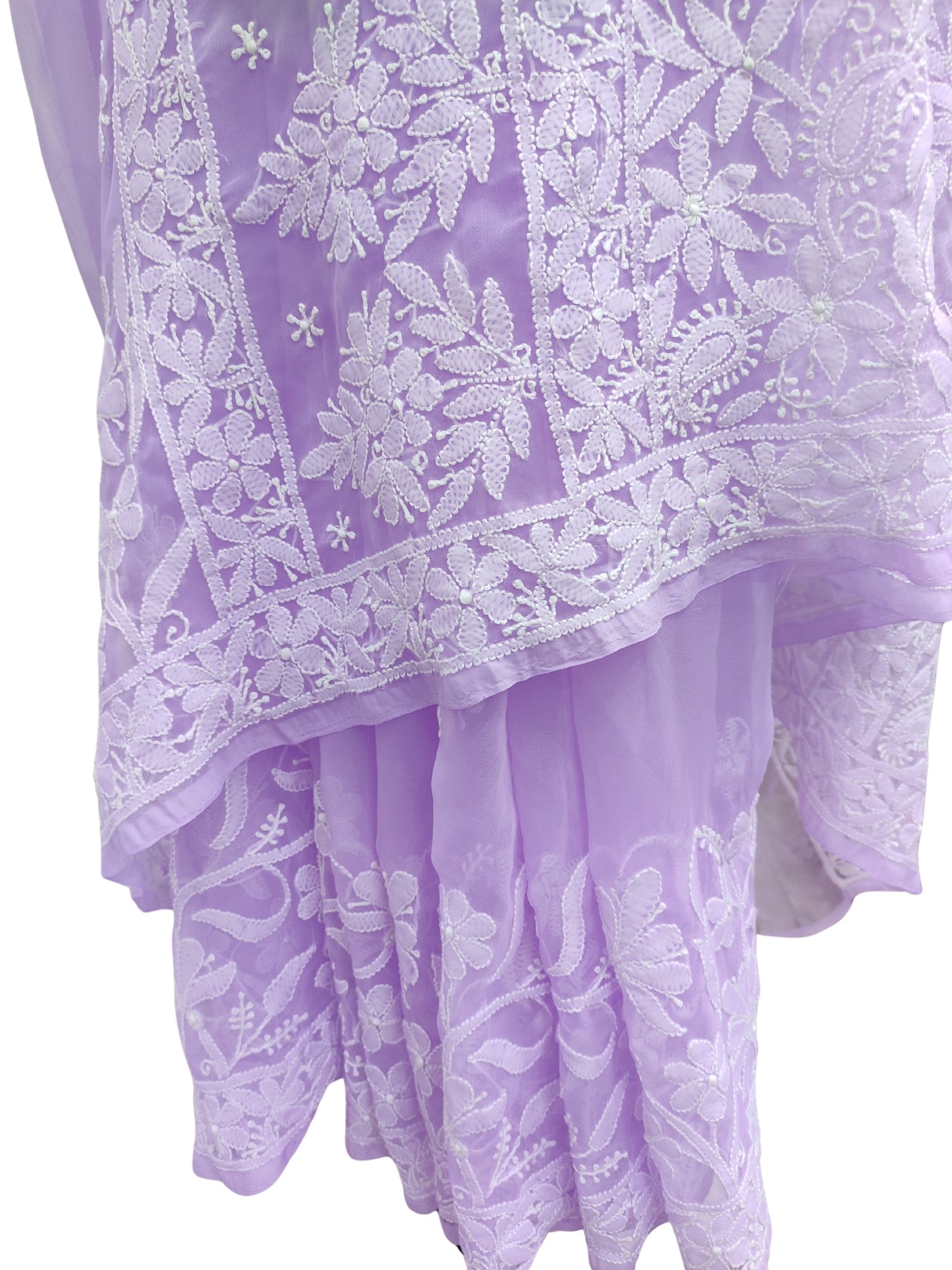 Shyamal Chikan Hand Embroidered Lavender Georgette Lucknowi Chikankari Skirt Saree With Blouse Piece - S26484