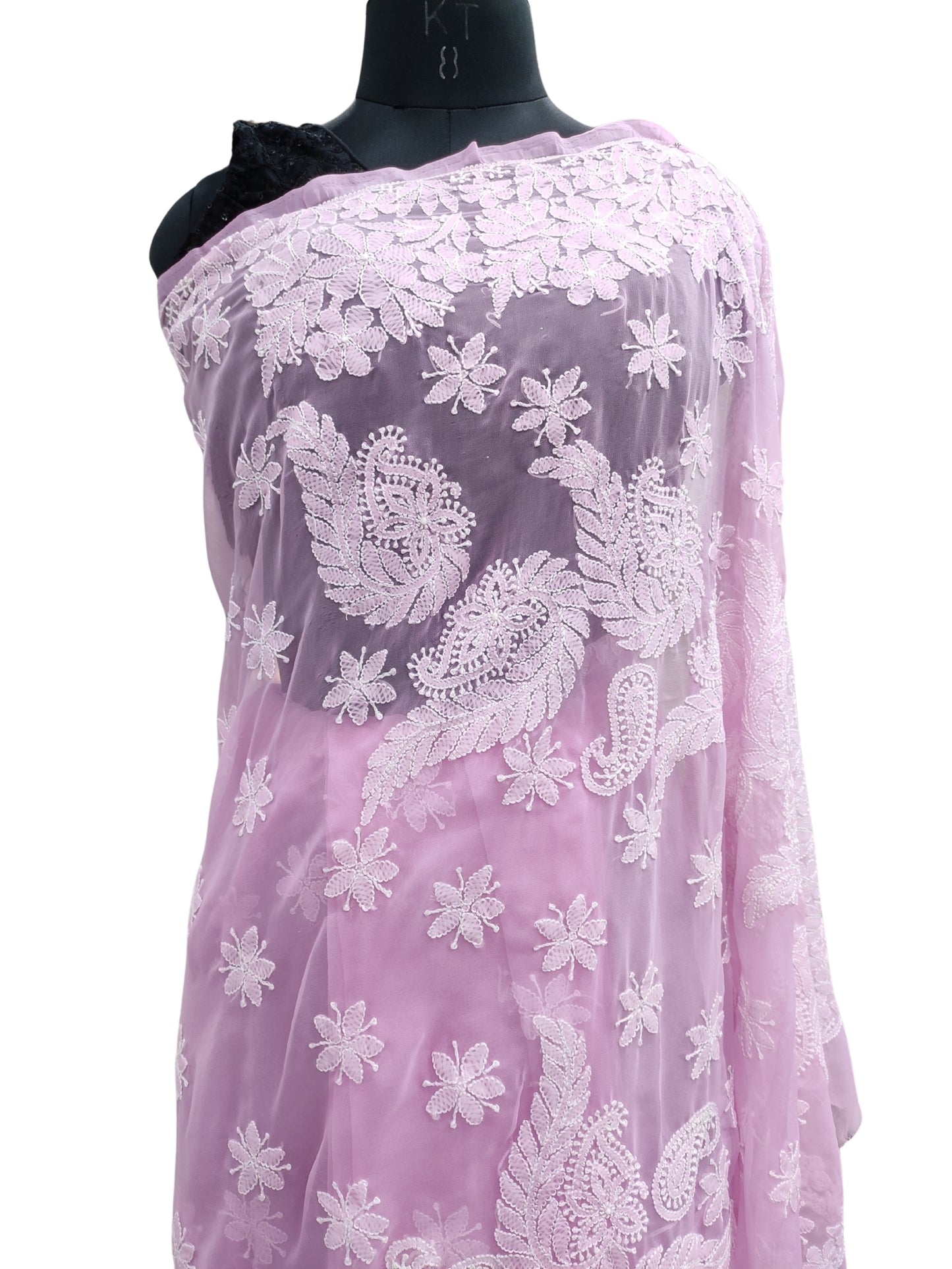 Shyamal Chikan Hand Embroidered Pink Georgette Lucknowi Chikankari Skirt Saree With Blouse Piece - S26477