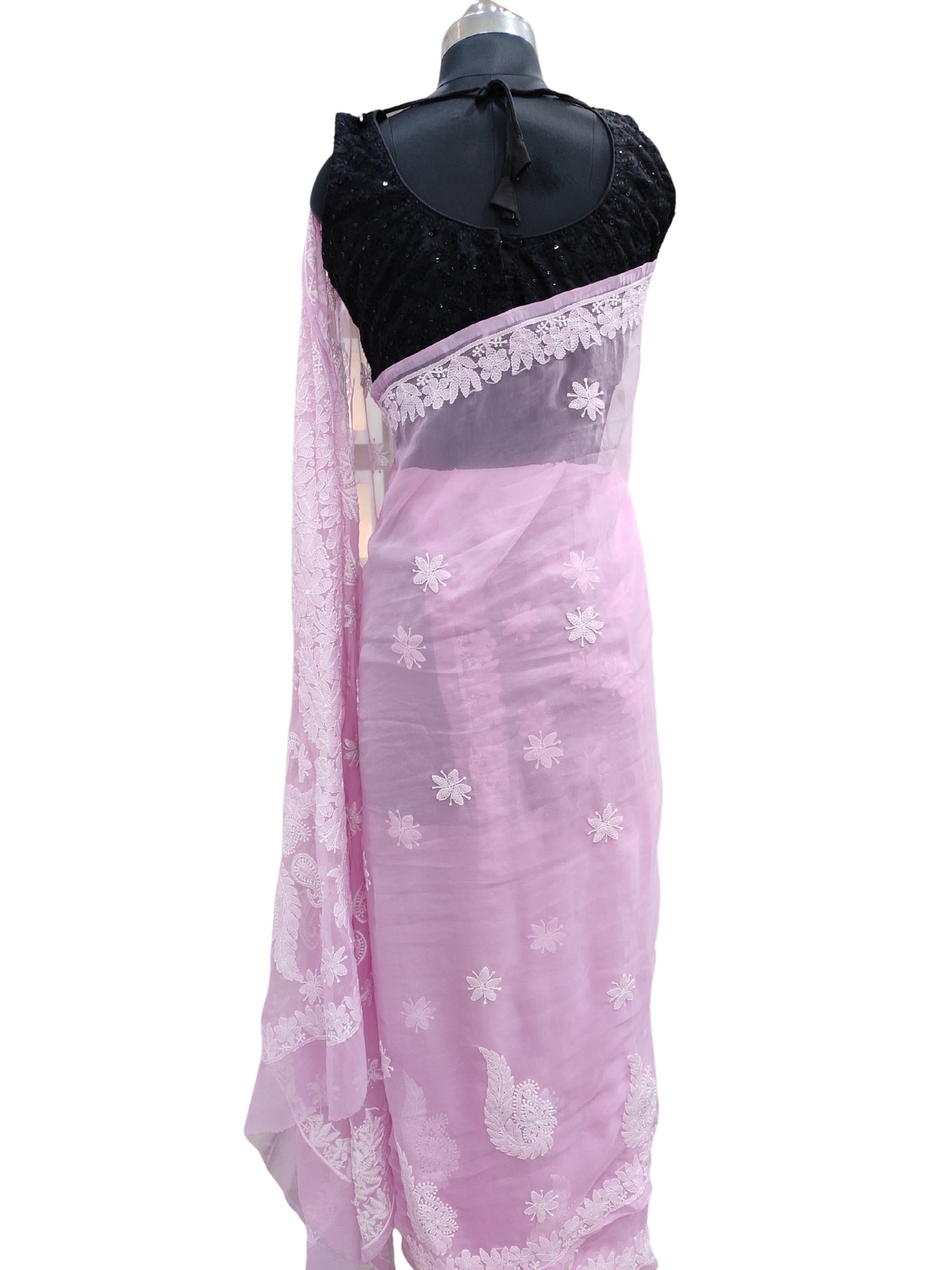 Shyamal Chikan Hand Embroidered Pink Georgette Lucknowi Chikankari Skirt Saree With Blouse Piece - S26477
