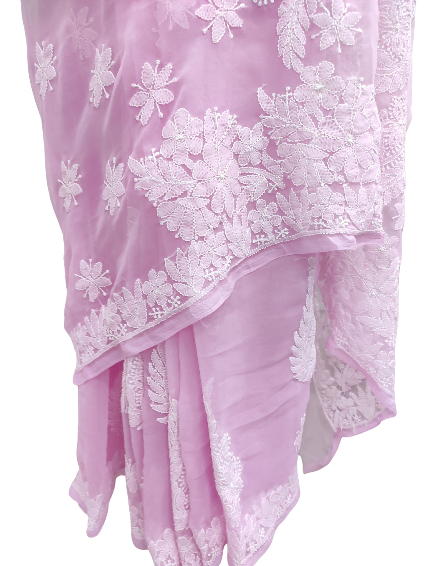 Shyamal Chikan Hand Embroidered Pink Georgette Lucknowi Chikankari Skirt Saree With Blouse Piece - S26477