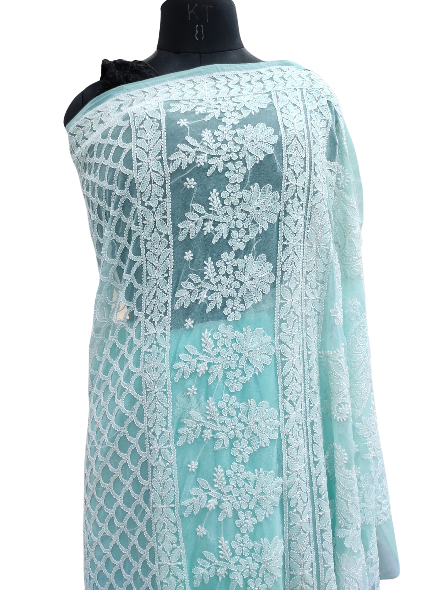 Shyamal Chikan Hand Embroidered Sea Green Georgette Lucknowi Chikankari Skirt Saree With Blouse Piece - S26476