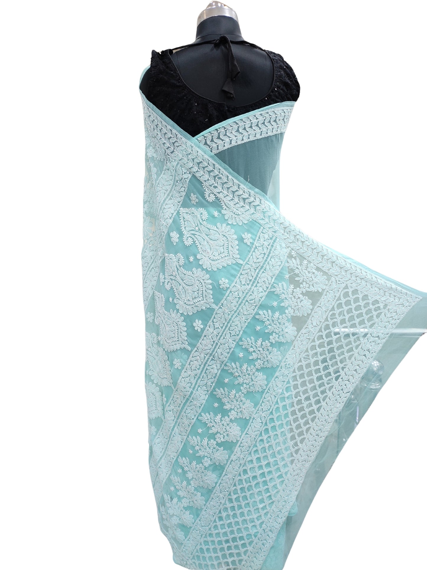 Shyamal Chikan Hand Embroidered Sea Green Georgette Lucknowi Chikankari Skirt Saree With Blouse Piece - S26476