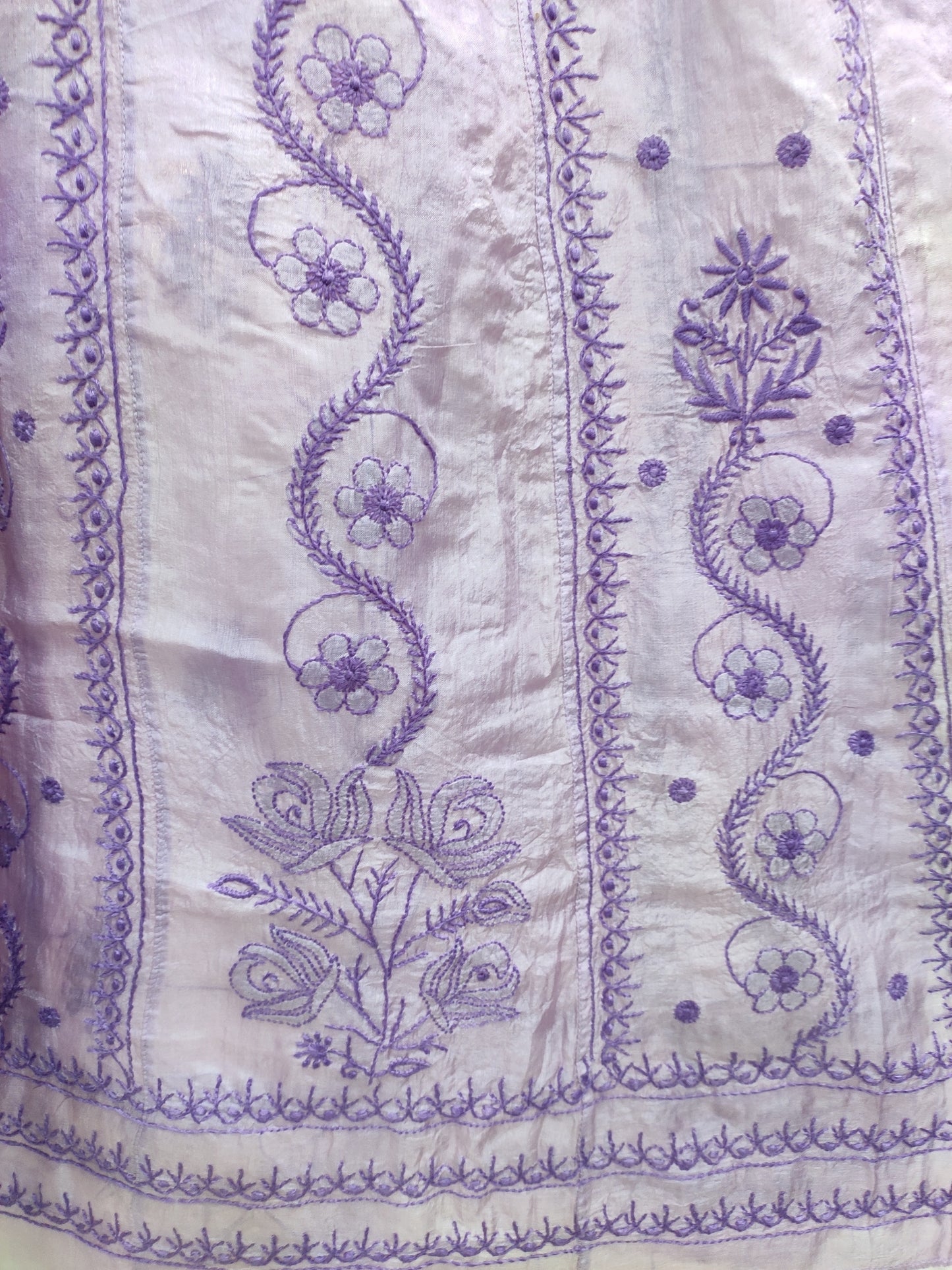 Shyamal Chikan Hand Embroidered Lavender Pure Tusser Silk Lucknowi Chikankari Semi-Stitched Anarkali - S22012