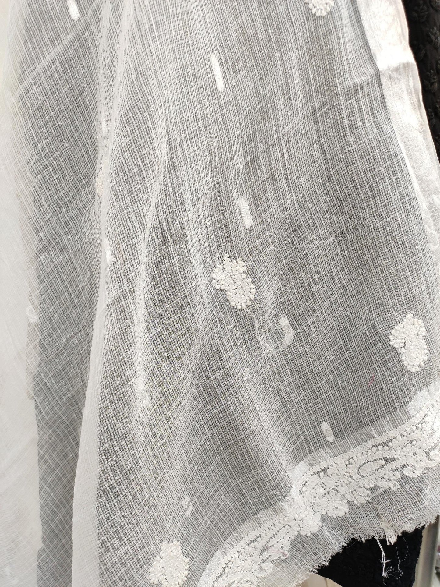 Shyamal Chikan Hand Embroidered White Kota Cotton Lucknowi Chikankari Dupatta - S20088