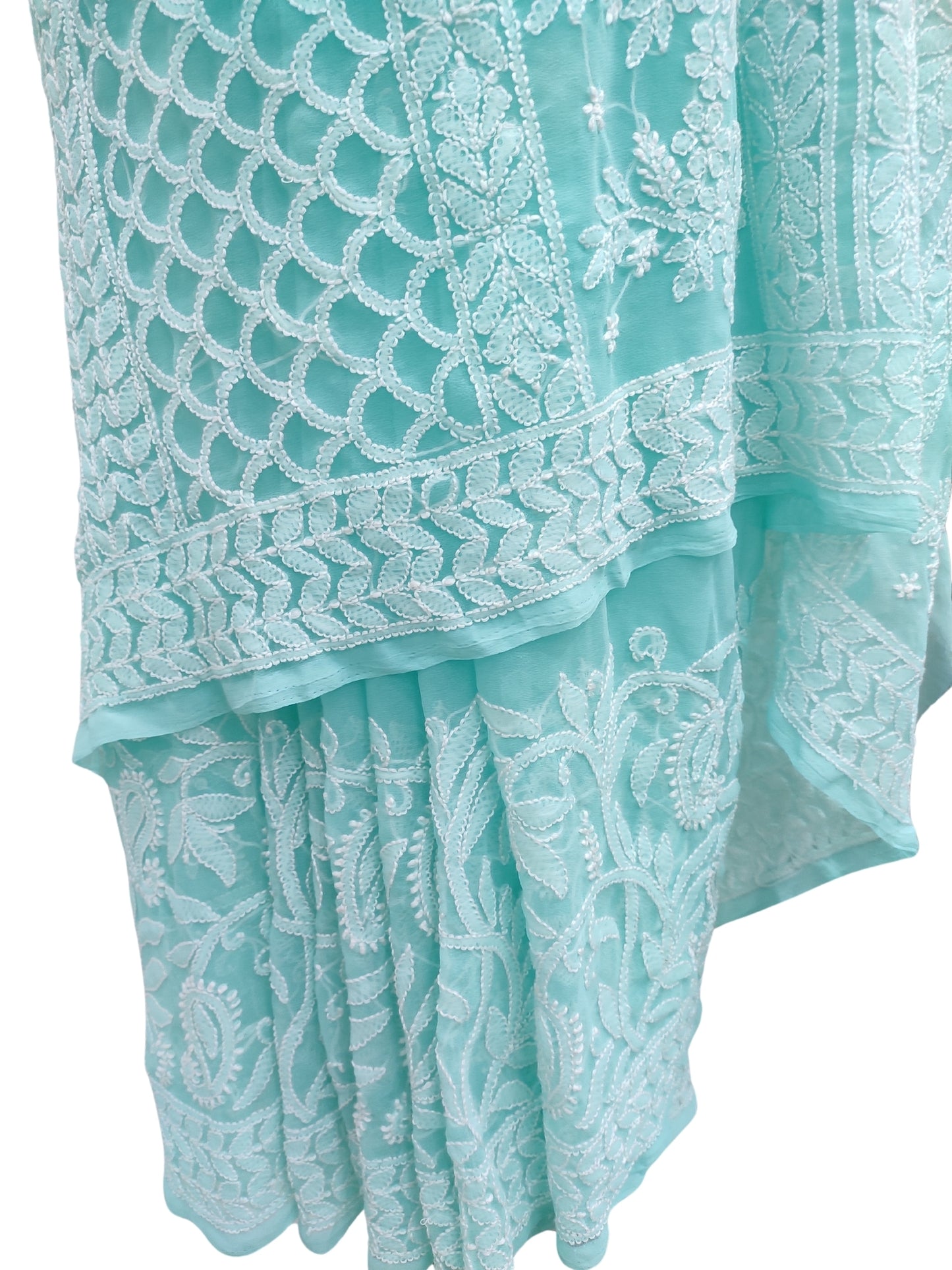 Shyamal Chikan Hand Embroidered Sea Green Georgette Lucknowi Chikankari Skirt Saree With Blouse Piece - S26476