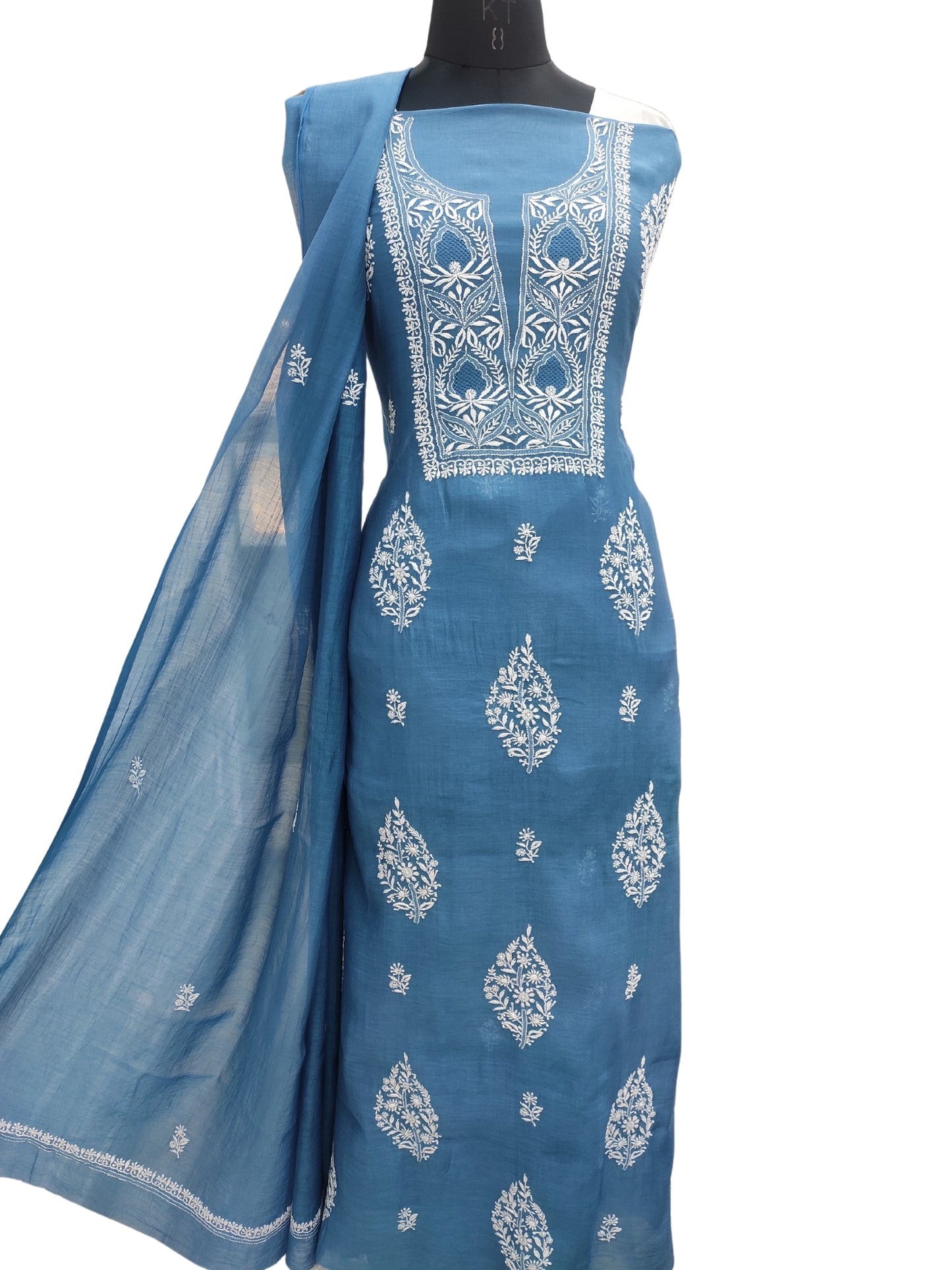 Shyamal Chikan Hand Embroidered Blue Mul Chanderi Lucknowi Chikankari Unstitched Suit Piece With Jaali Work (Kurta Dupatta Set) - S23681