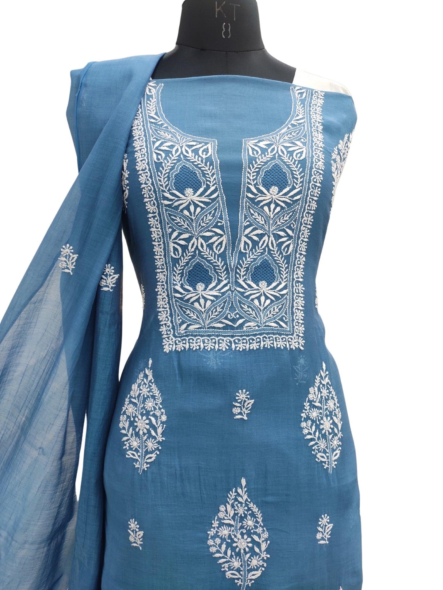 Shyamal Chikan Hand Embroidered Blue Mul Chanderi Lucknowi Chikankari Unstitched Suit Piece With Jaali Work (Kurta Dupatta Set) - S23681
