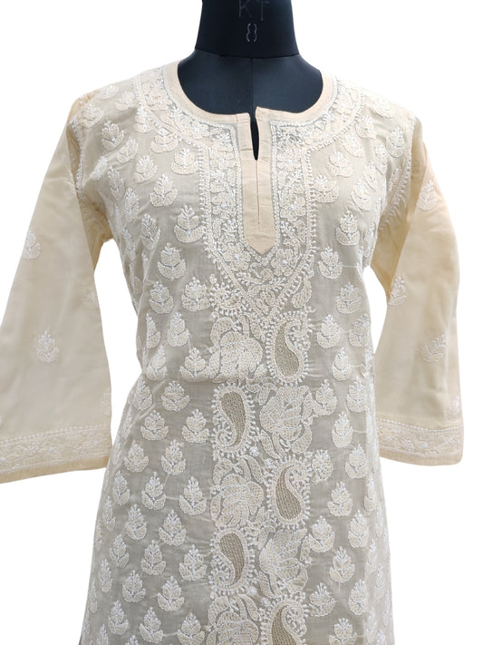 Shyamal Chikan Hand Embroidered Beige Cotton Lucknowi Chikankari Short Top With Jaali Work- S21760