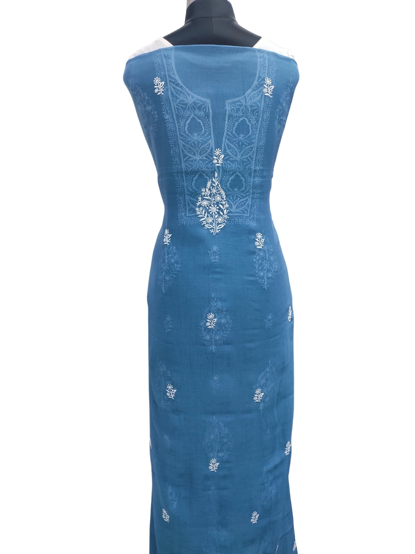 Shyamal Chikan Hand Embroidered Blue Mul Chanderi Lucknowi Chikankari Unstitched Suit Piece With Jaali Work (Kurta Dupatta Set) - S23681