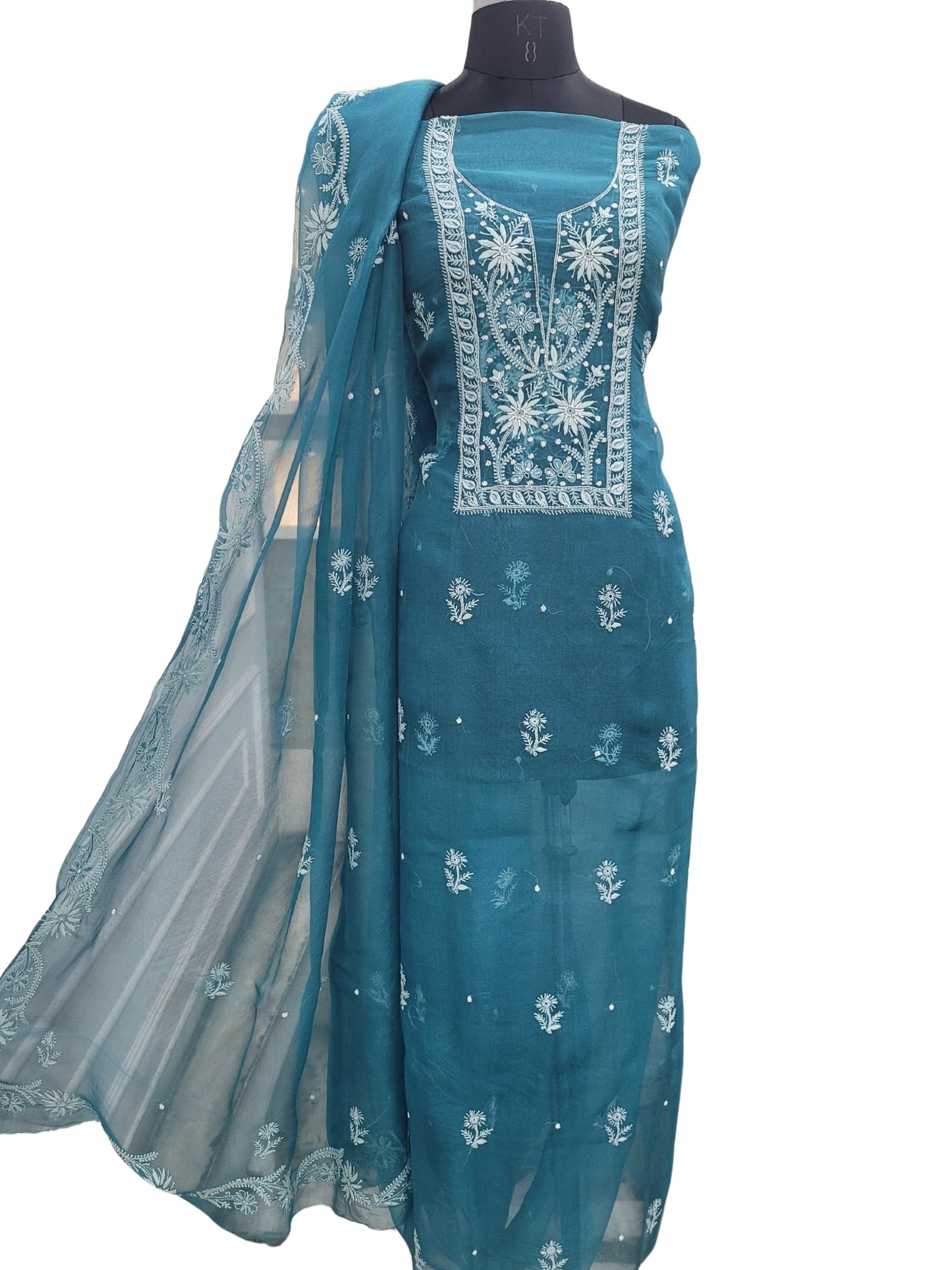 Shyamal Chikan Hand Embroidered Green Organza Lucknowi Chikankari Unstitched Suit Piece (Kurta Dupatta Set) With Pearl and Cutdana Work - S24063