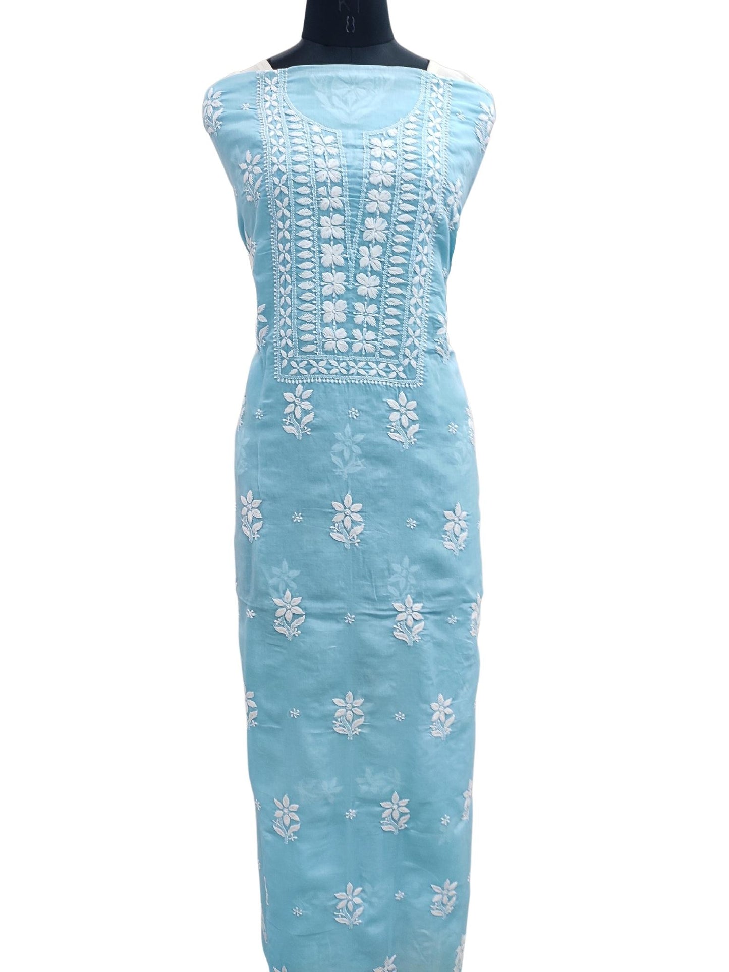 Shyamal Chikan Hand Embroidered Blue Cotton Lucknowi Chikankari Unstitched Kurta Piece - S20472