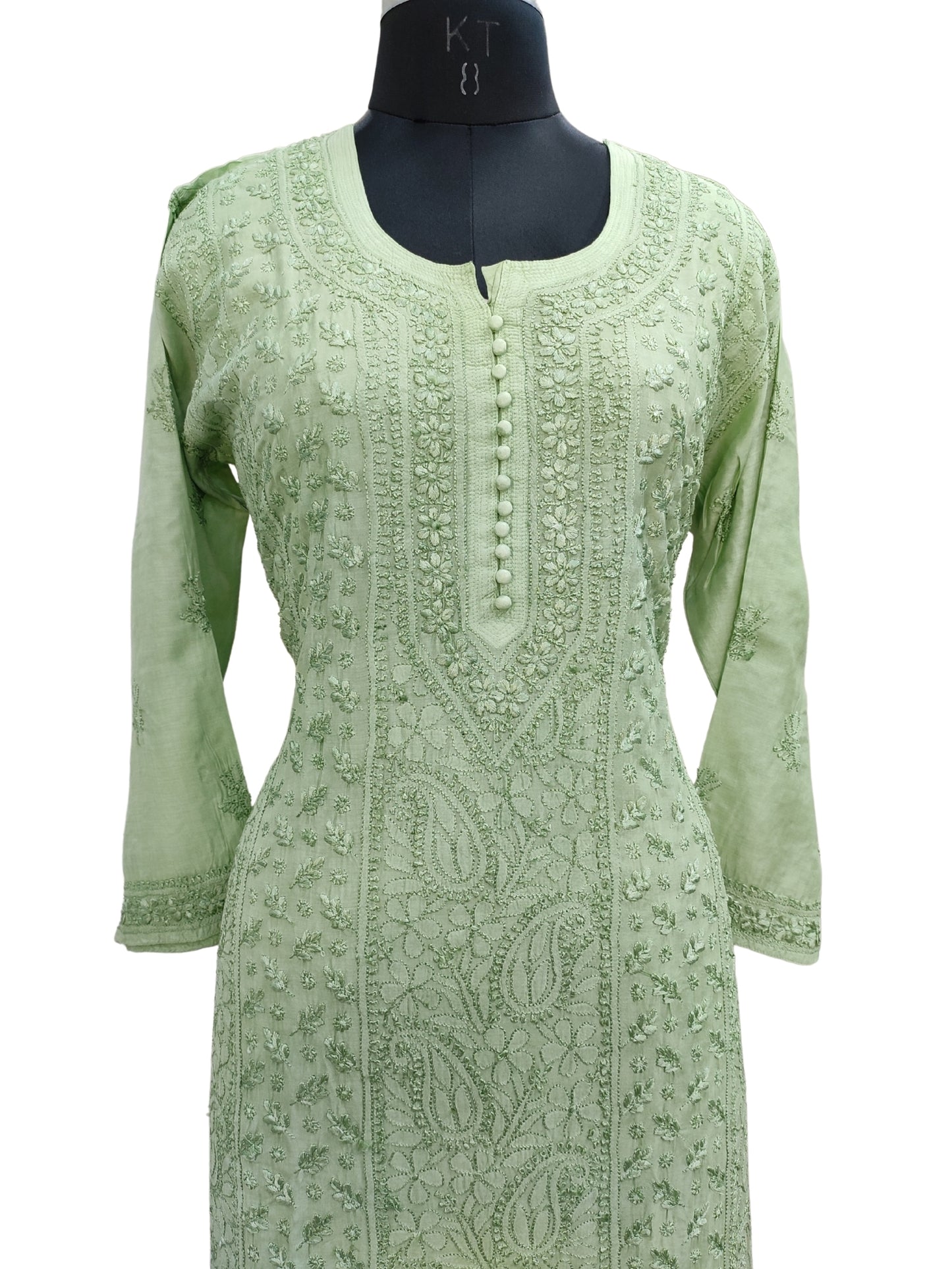 Shyamal Chikan Hand Embroidered Green Muslin Lucknowi Chikankari Kurti - S25985