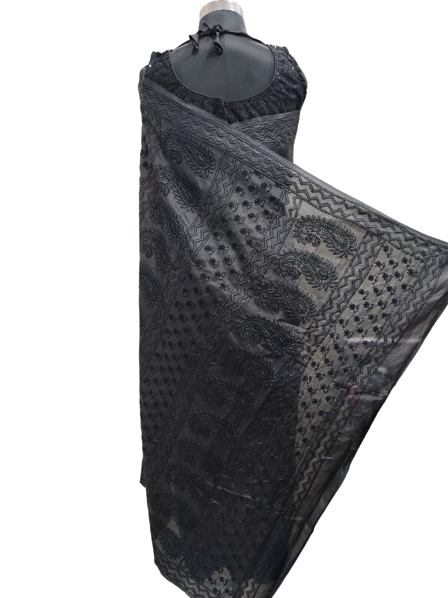 Shyamal Chikan Hand Embroidered Black Pure Tusser Silk Lucknowi Chikankari Saree With Blouse Piece- S20724