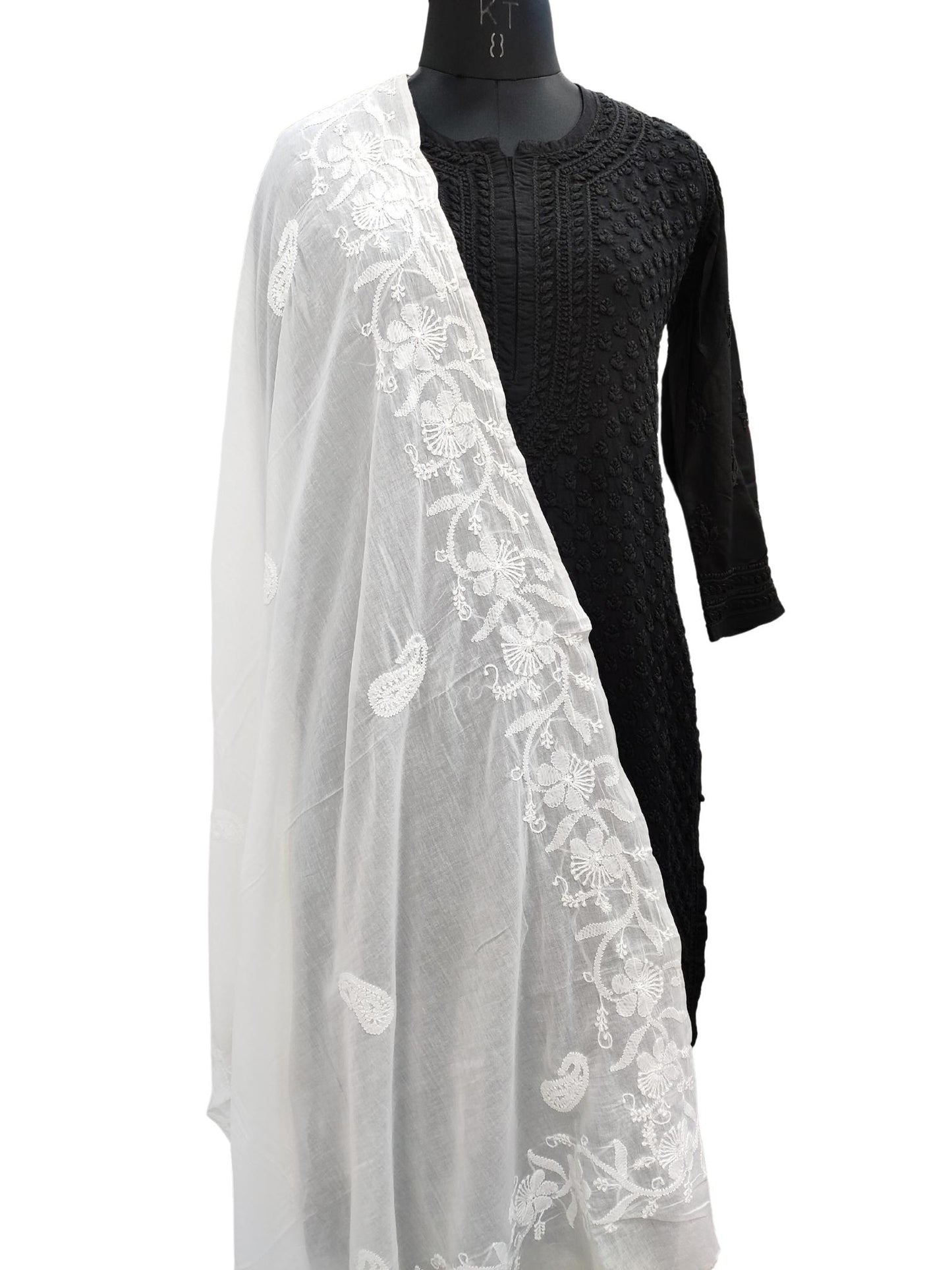 Shyamal Chikan Hand Embroidered White Malmal Cotton Lucknowi Chikankari Dupatta - S20093