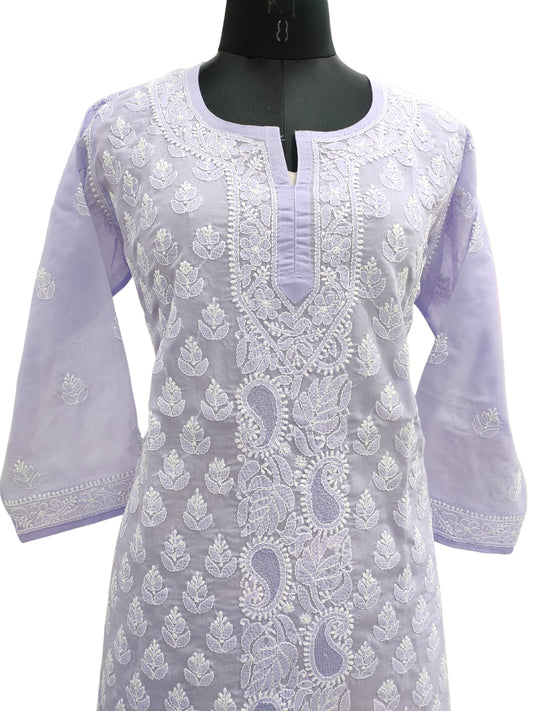 Shyamal Chikan Hand Embroidered Lavender Cotton Lucknowi Chikankari Short Top With Jaali Work- S21766