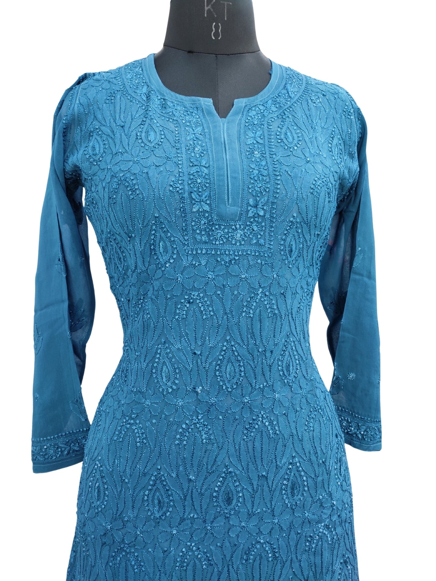 Shyamal Chikan Hand Embroidered Peacock Blue Viscose Georgette Lucknowi Chikankari Short Top - S26110