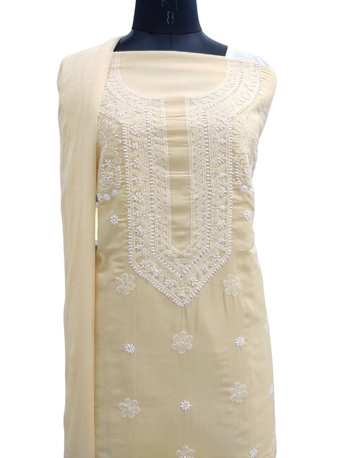 Shyamal Chikan Hand Embroidered Yellow Cotton Lucknowi Chikankari Unstitched Suit Piece - S25278
