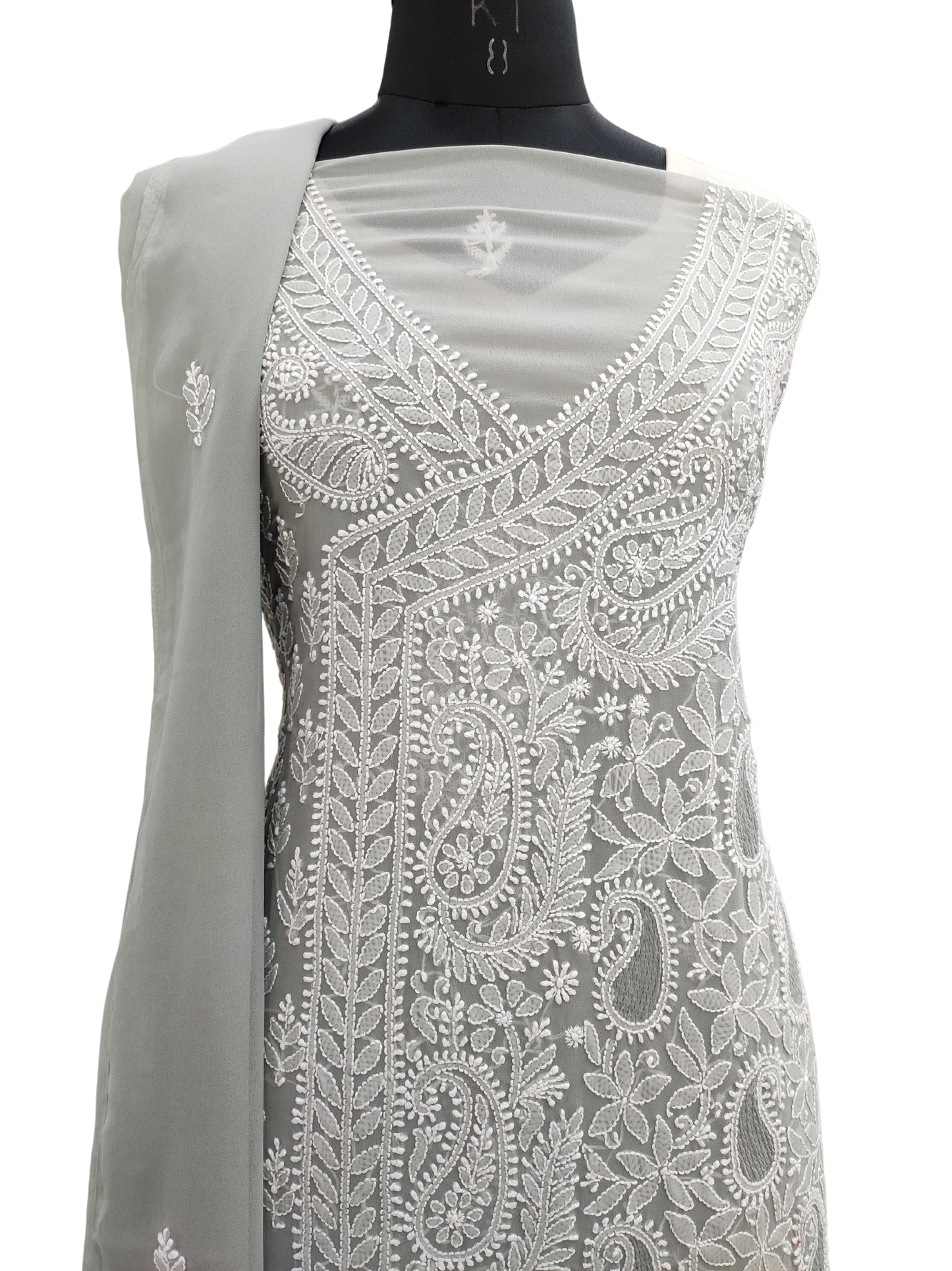 Shyamal Chikan Hand Embroidered Grey High Quality Georgette Lucknowi Chikankari Unstitched Suit Piece With Heavy Dupatta And Jaali Work - S20244
